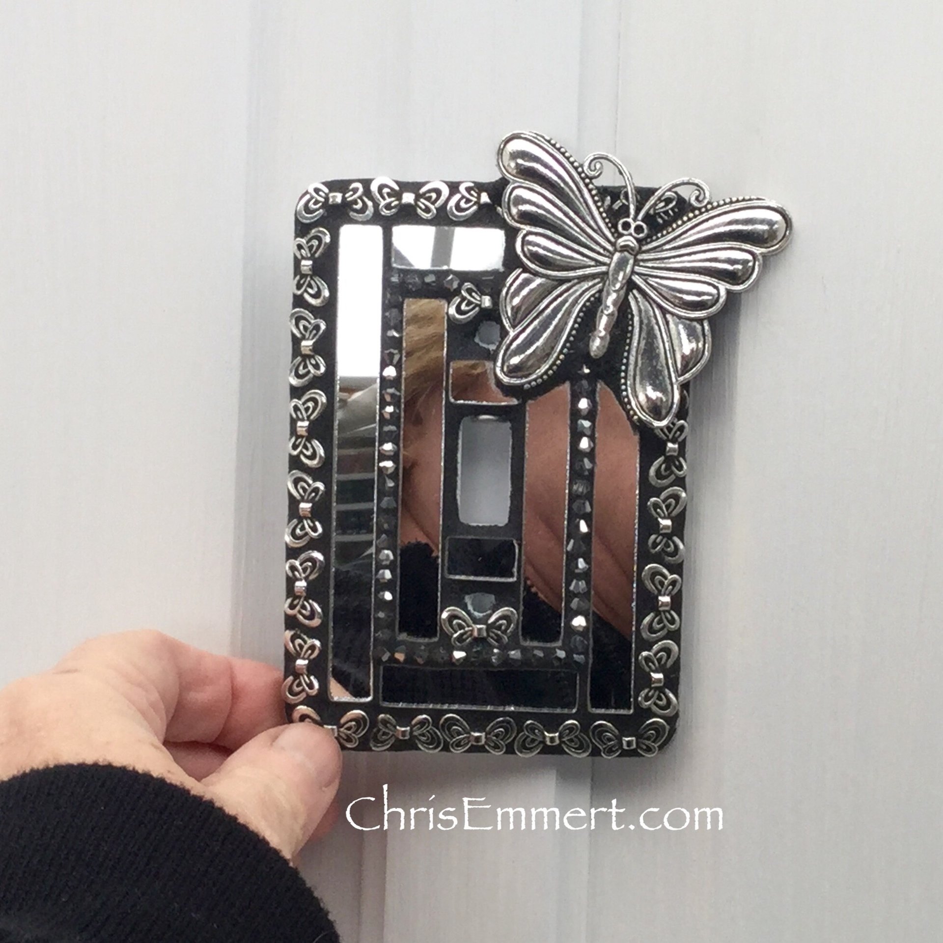 Mirror and Pewter Switch Plate, Large Butterfly