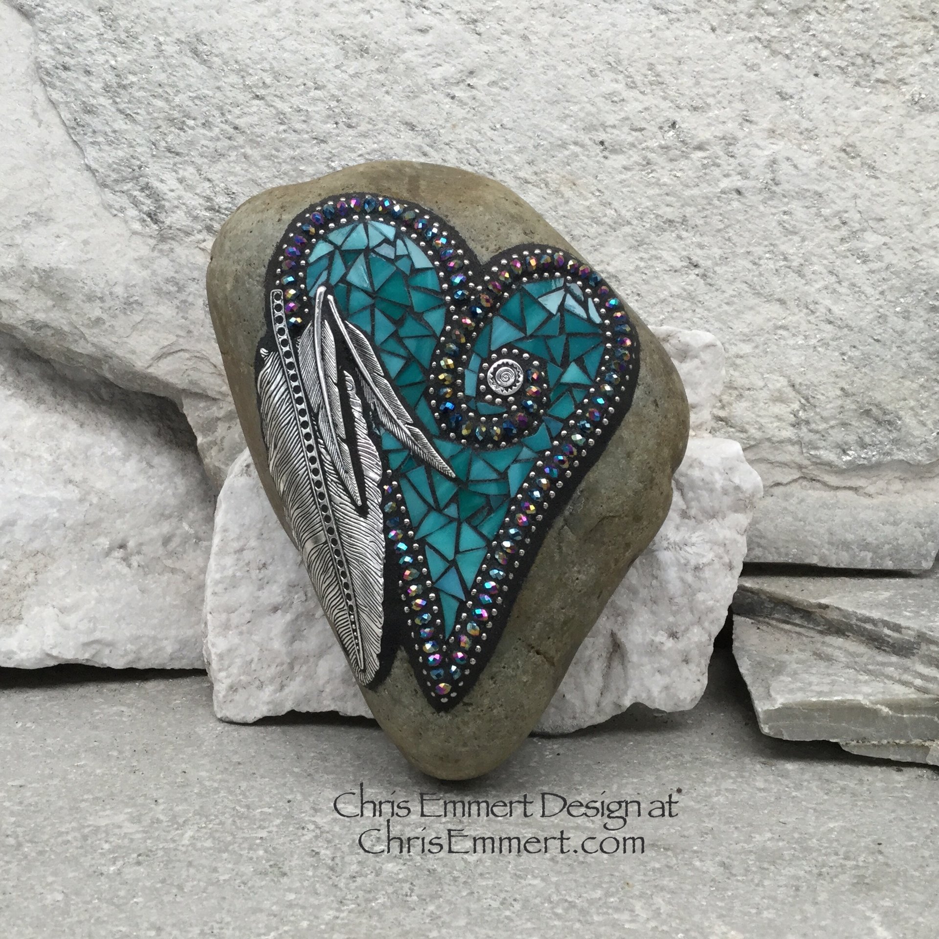 Turquoise Mosaic Heart, Feathers, Mosaic Rock, Mosaic Garden Stone,