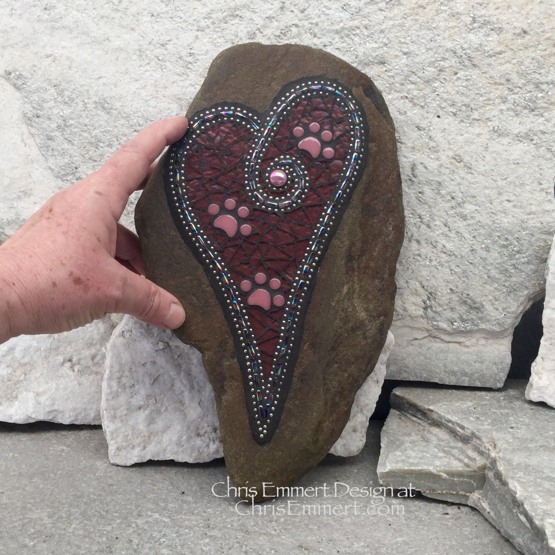 Large Iridescent Purple Mosaic Heart, Paw prints, Mosaic Garden Stone, Pet Memorial