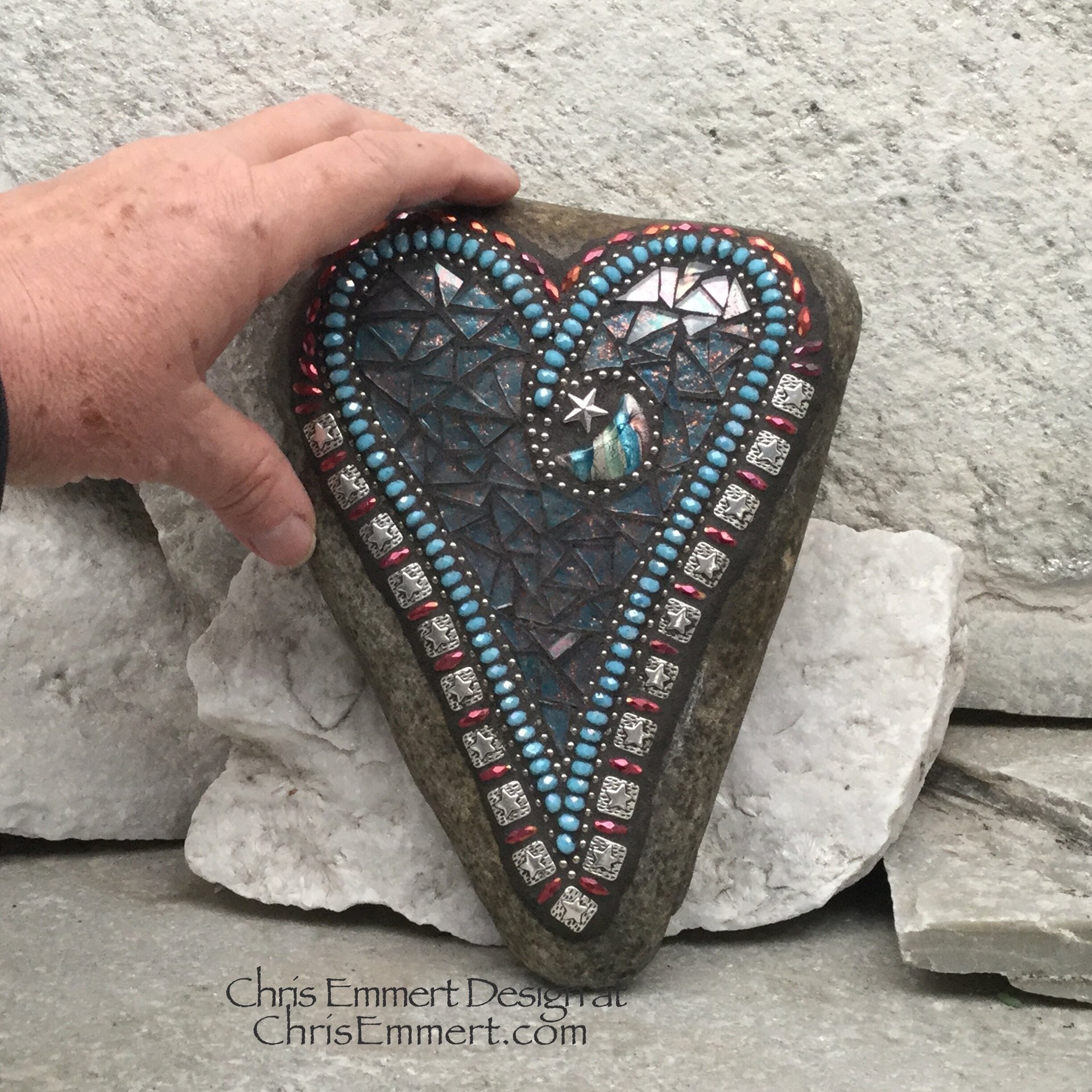 Moon and Star Blue Heart, Garden Stone, Mosaic, Garden Decor