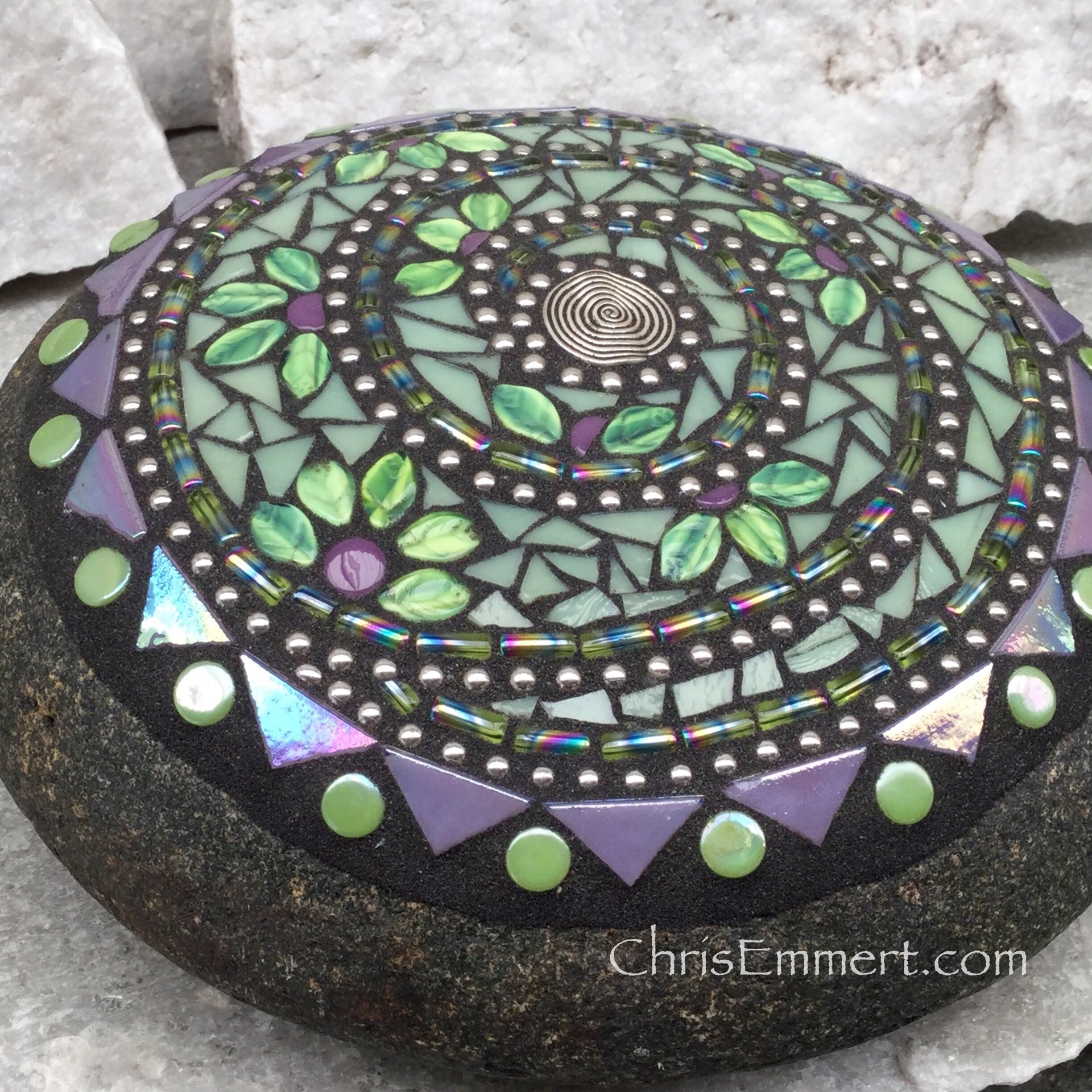 Olive Green and Lavender Mosaic Swirl,  Mosaic Garden Stone. Gardener Gift