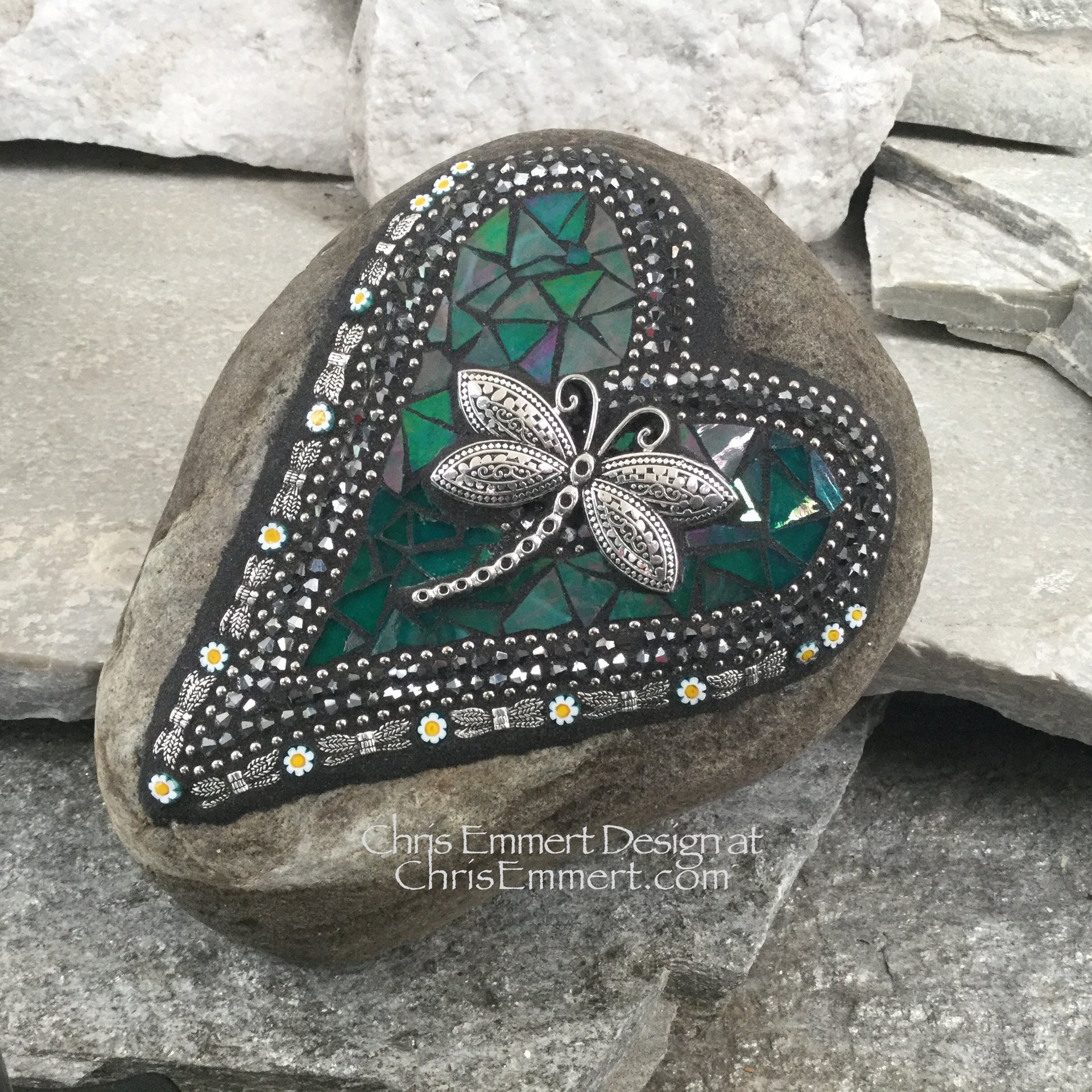 Iridescent Green Dragonfly Mosaic Heart, Mosaic Rock, Mosaic Garden Stone,