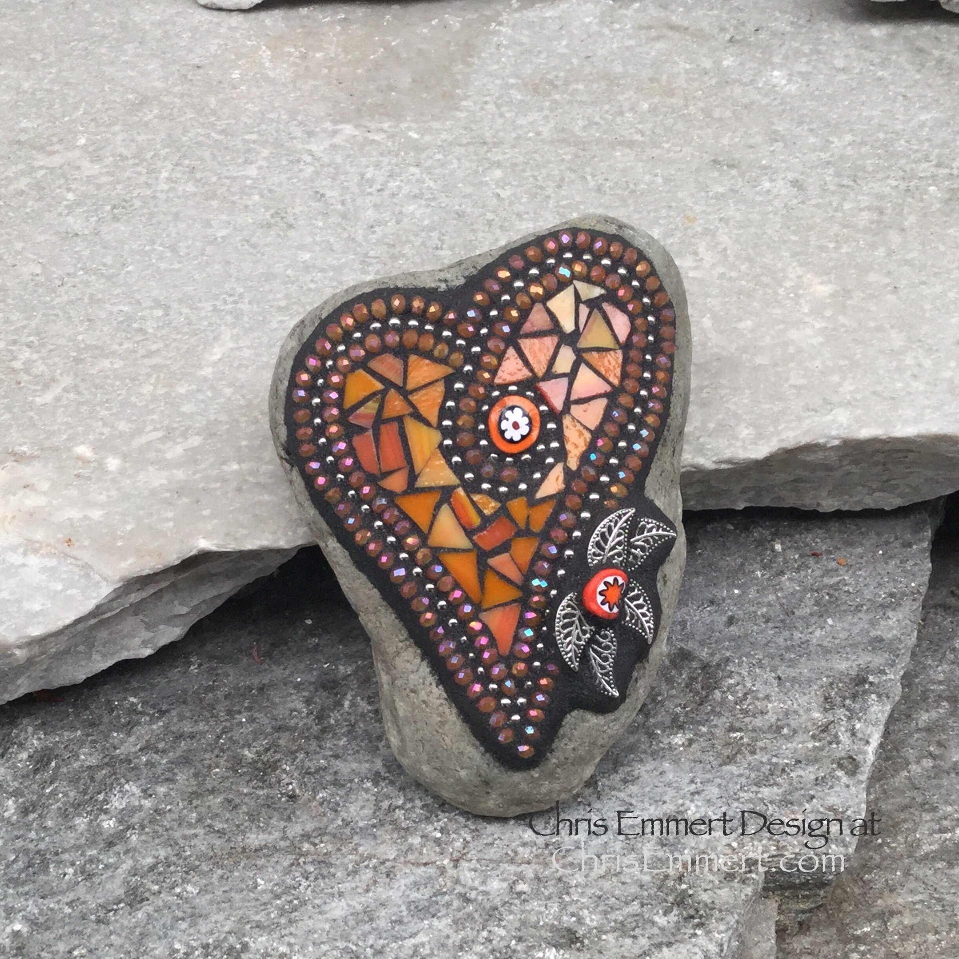 Orange  Heart, Mosaic Paperweight / Garden Stone