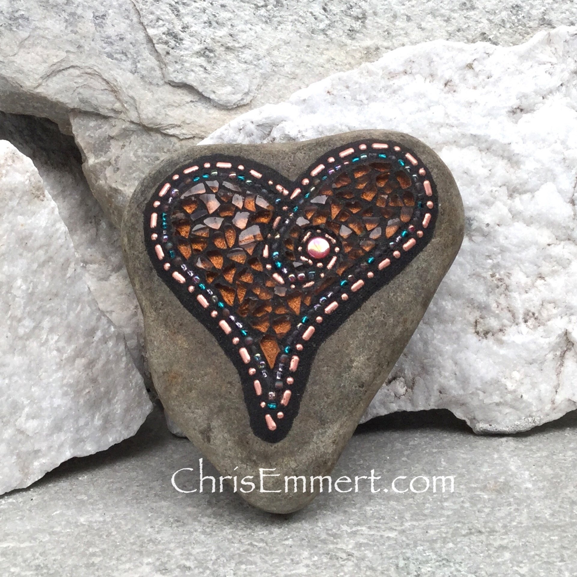 Mosaic Rock, Mosaic Heart, Copper Heart (C) Mosaic Garden Stone, Home Decor, Gardener Gift, Garden Decor,