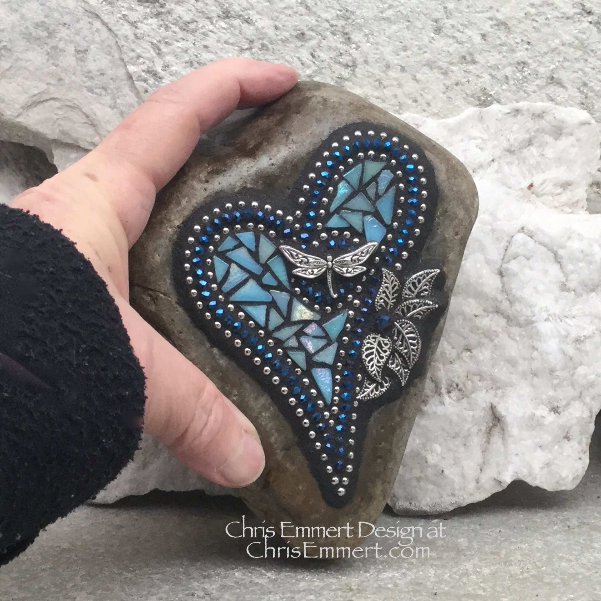 Iridescent Light Blue Heart, Mosaic Paperweight / Garden Stone