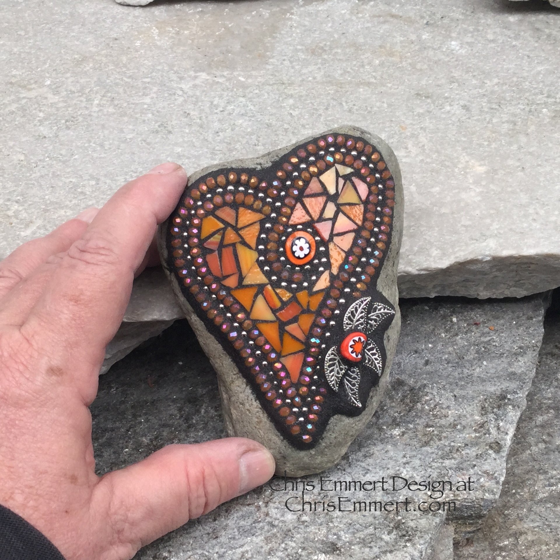 Orange  Heart, Mosaic Paperweight / Garden Stone