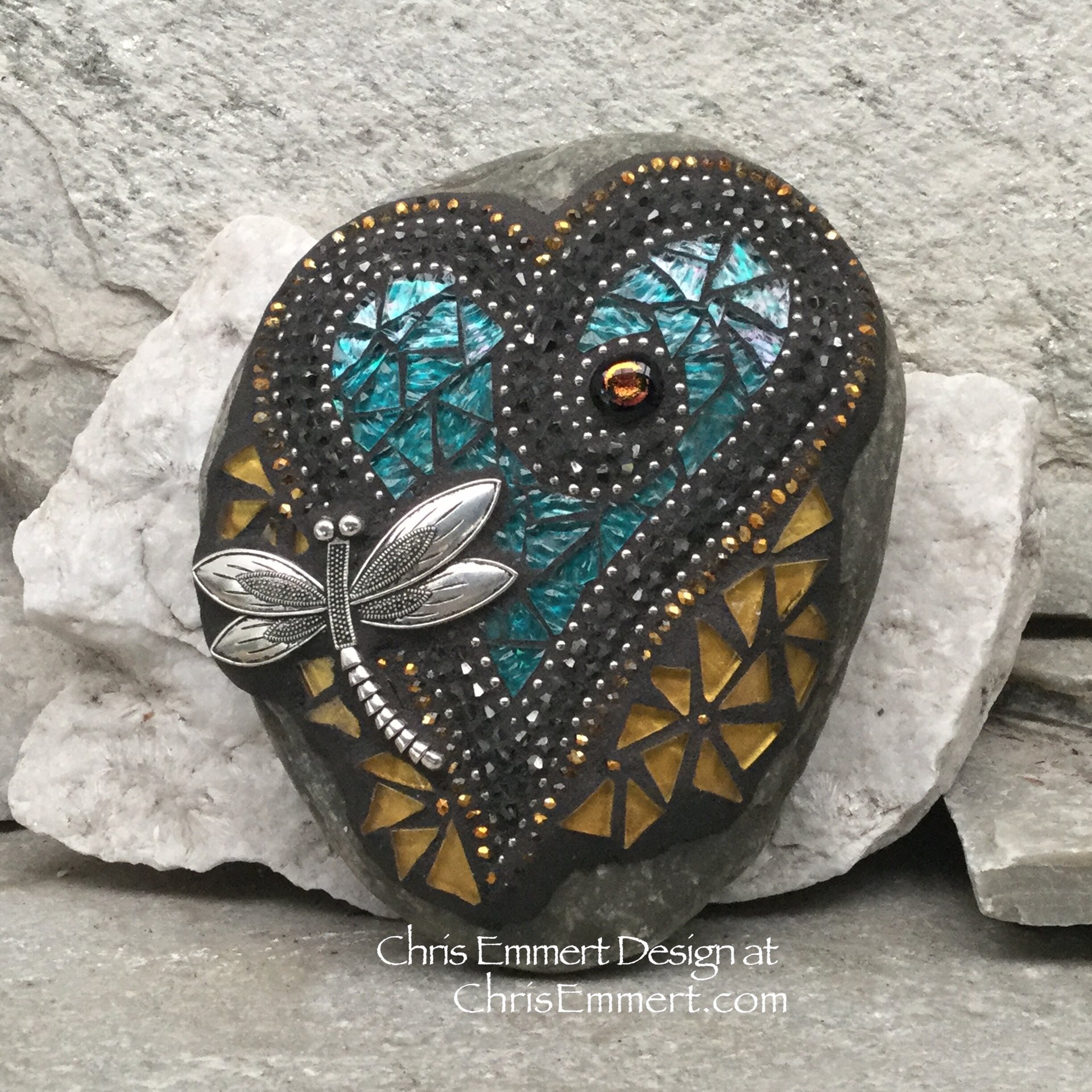 Gold Pinwheel Flowers on a Turquoise Heart, Garden Stone, Mosaic, Garden Decor