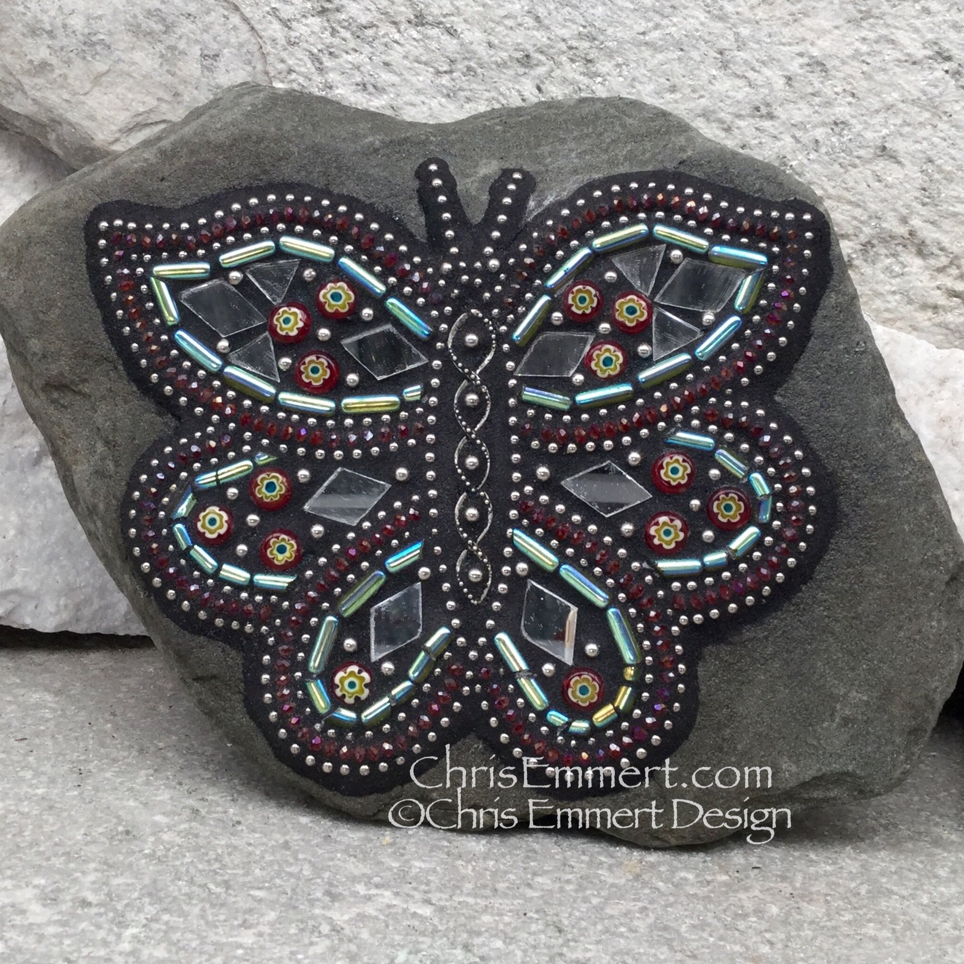 Red and Mirror Butterfly Mosaic -Garden Stone