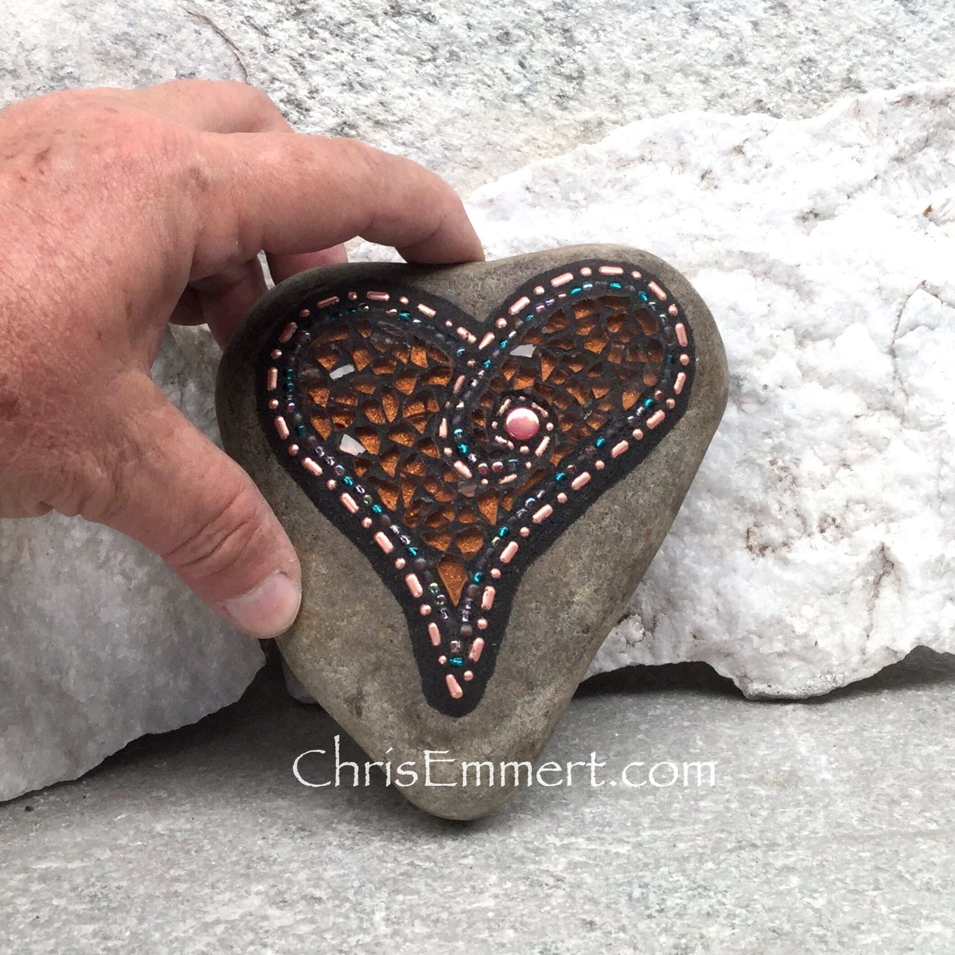 Mosaic Rock, Mosaic Heart, Copper Heart (C) Mosaic Garden Stone, Home Decor, Gardener Gift, Garden Decor,