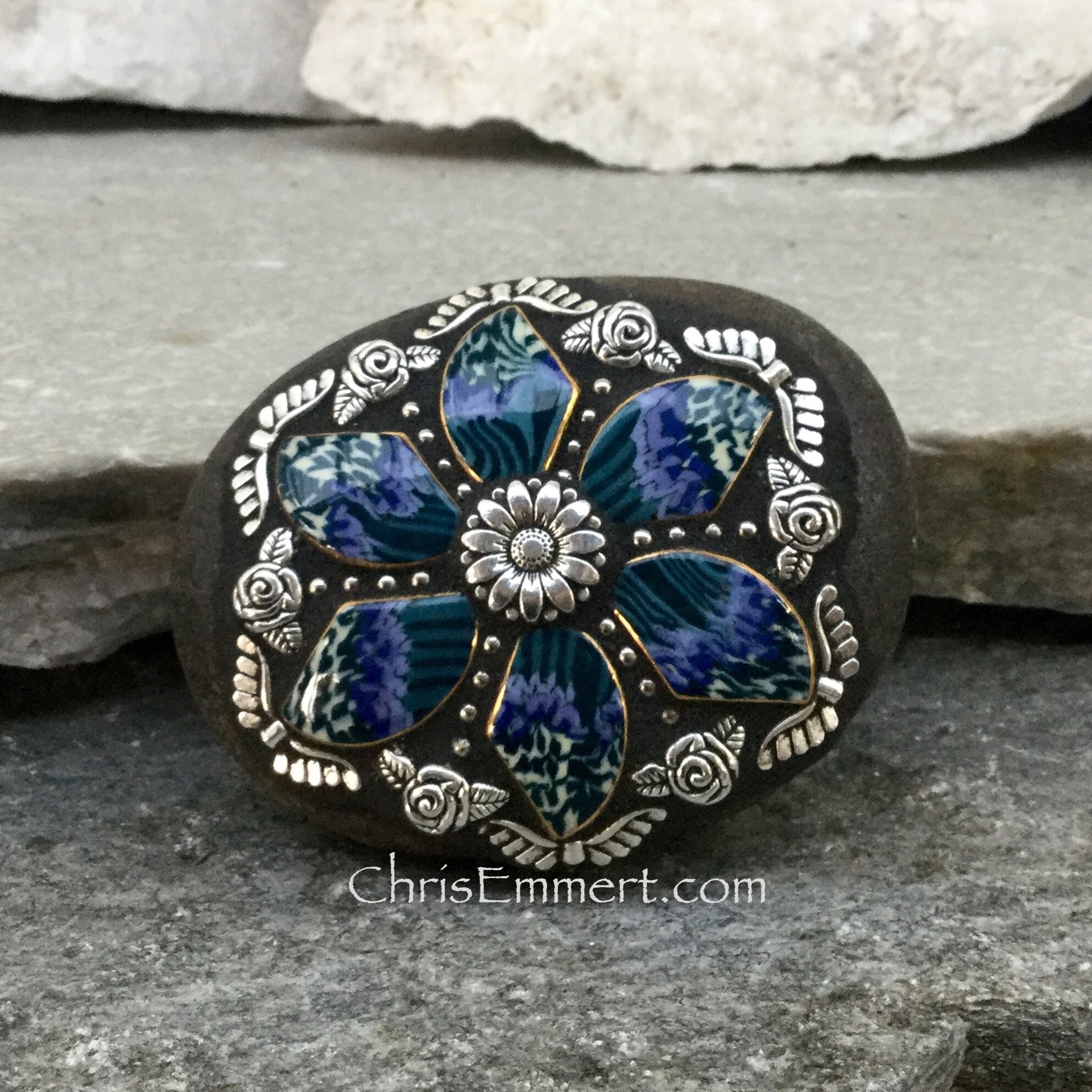 Teal 6 Petal Flower with Roses, Angel Wings, Mosaic Paperweight / Garden Stone