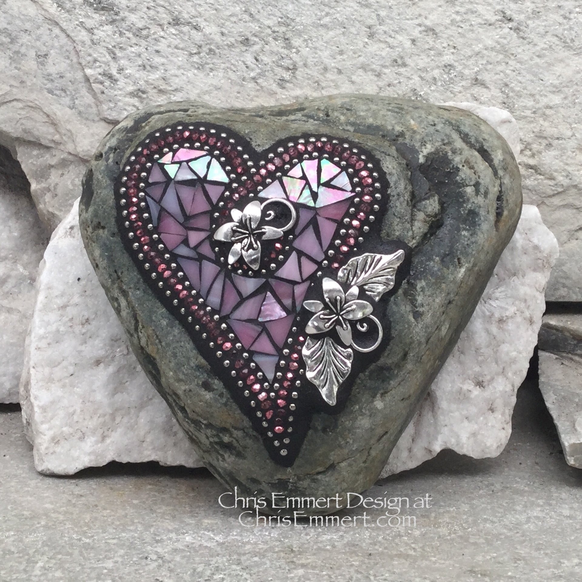 Iridescent Pink Mosaic Heart, Mosaic Rock, Mosaic Garden Stone,