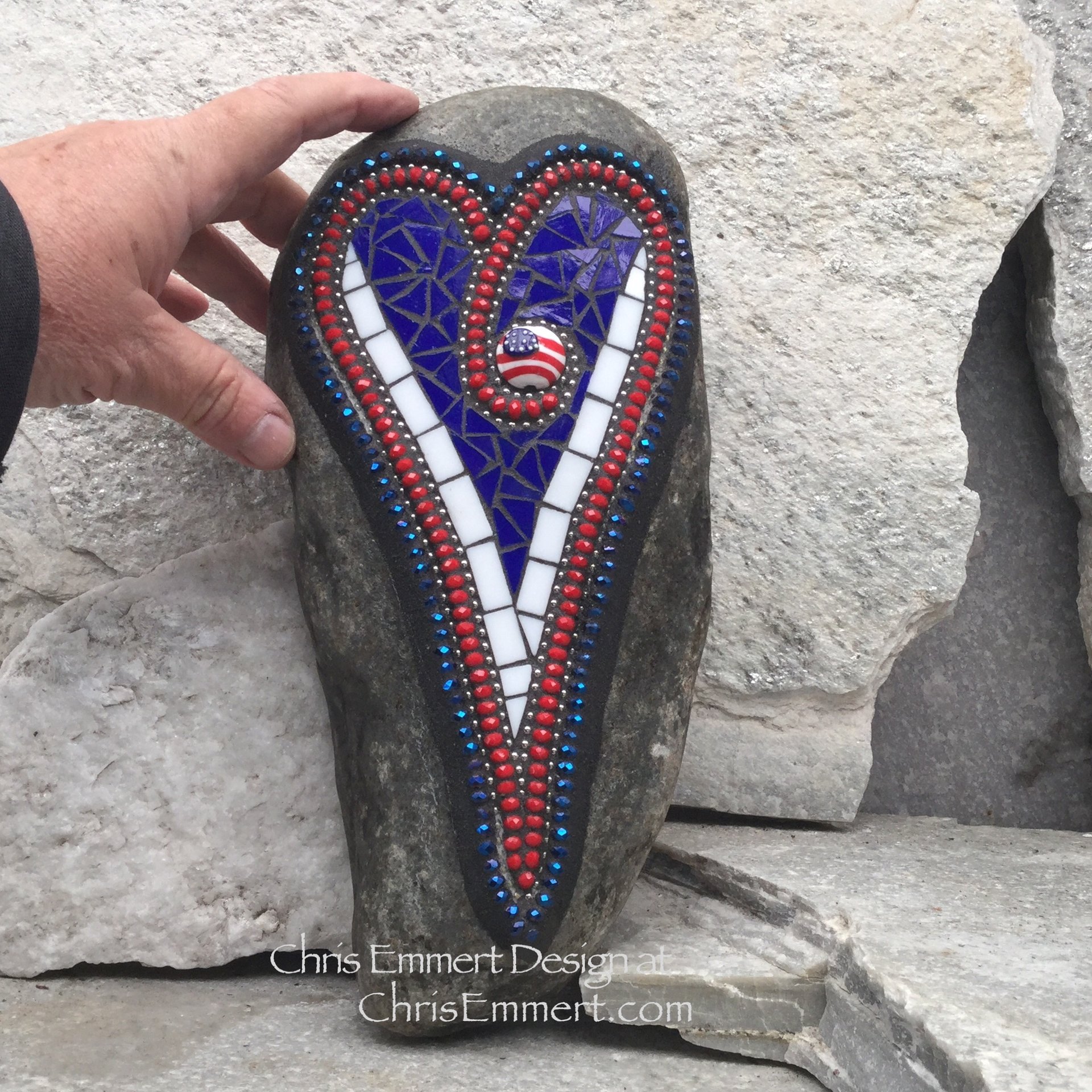Americana Mosaic Heart, Mosaic Rock, Mosaic Garden Stone,