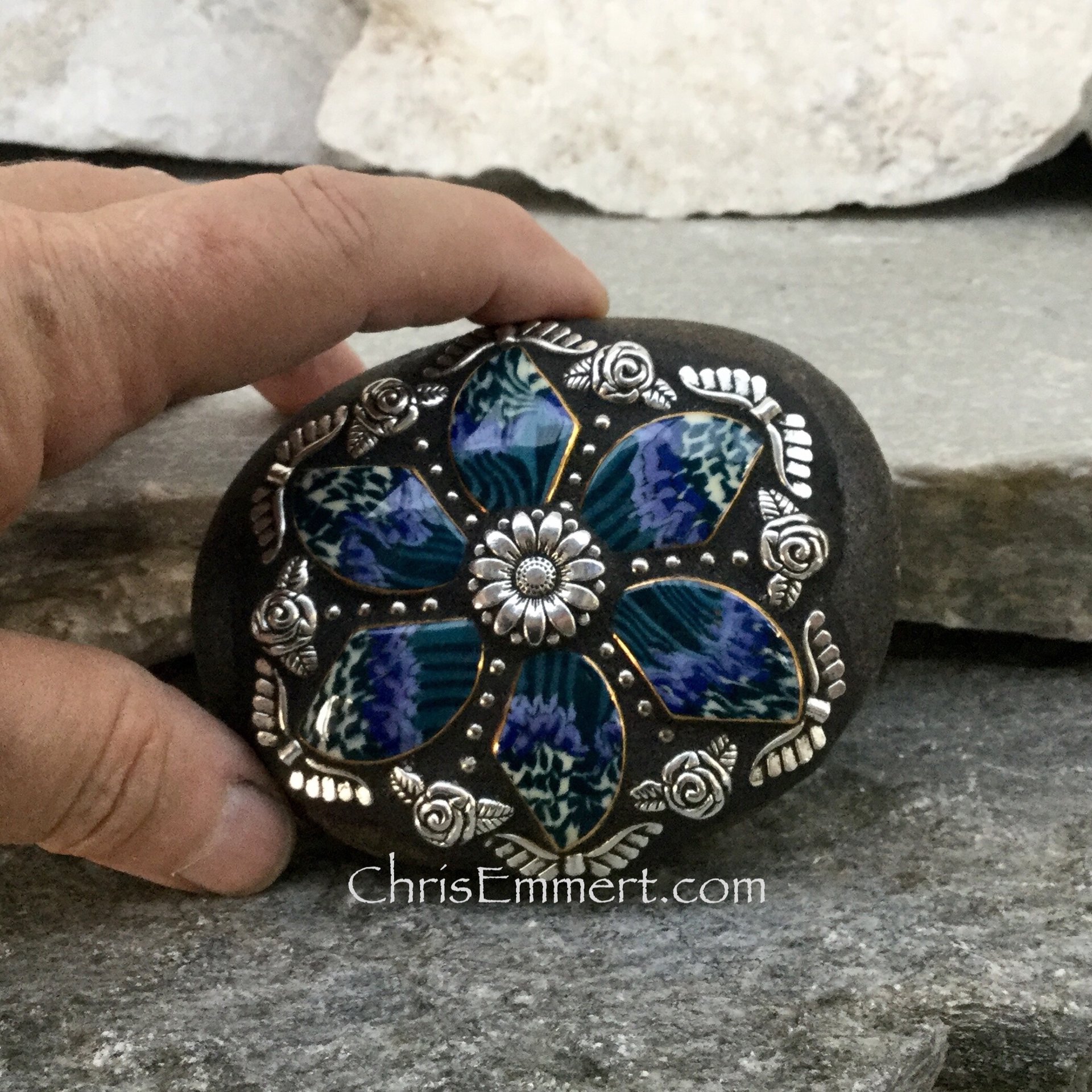 Teal 6 Petal Flower with Roses, Angel Wings, Mosaic Paperweight / Garden Stone