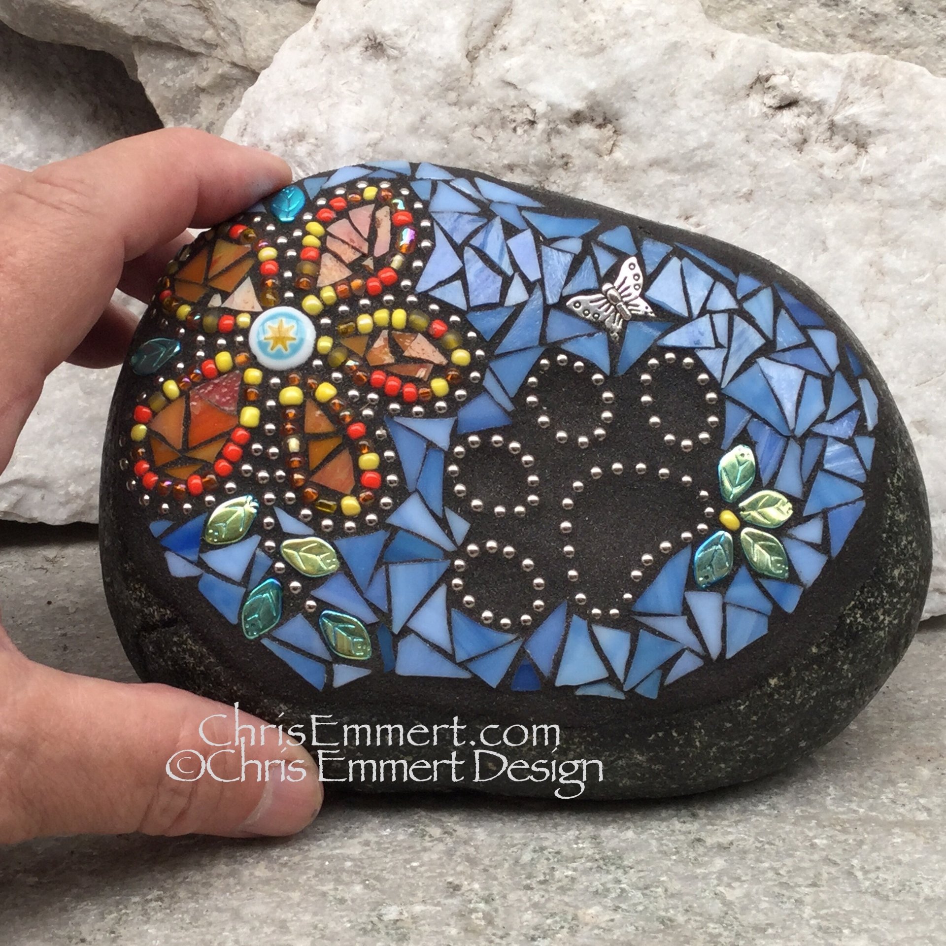 Orange Flower w/Blue, Black Paw Print - Garden Stone, Pet Memorial, Garden Decor'