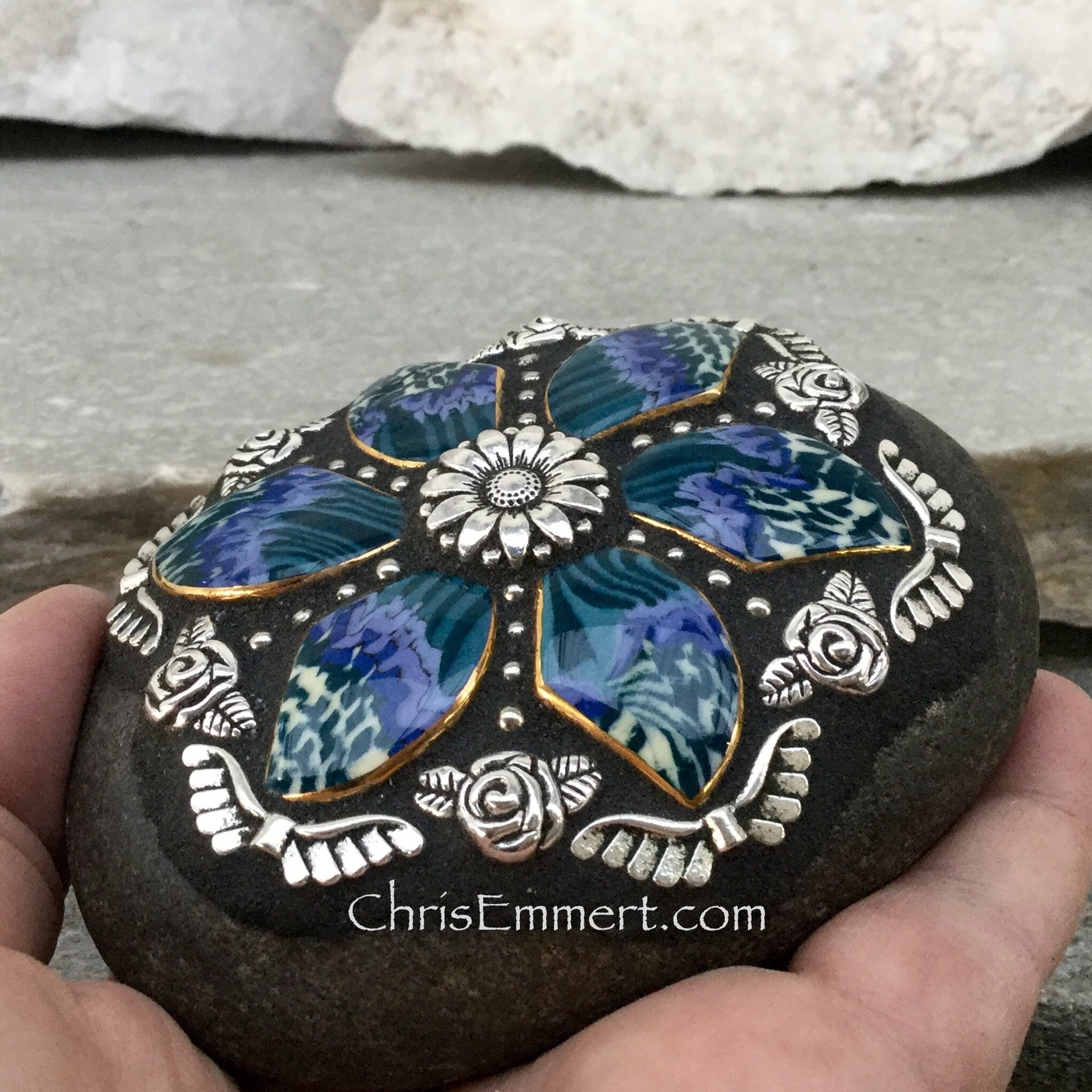 Teal 6 Petal Flower with Roses, Angel Wings, Mosaic Paperweight / Garden Stone