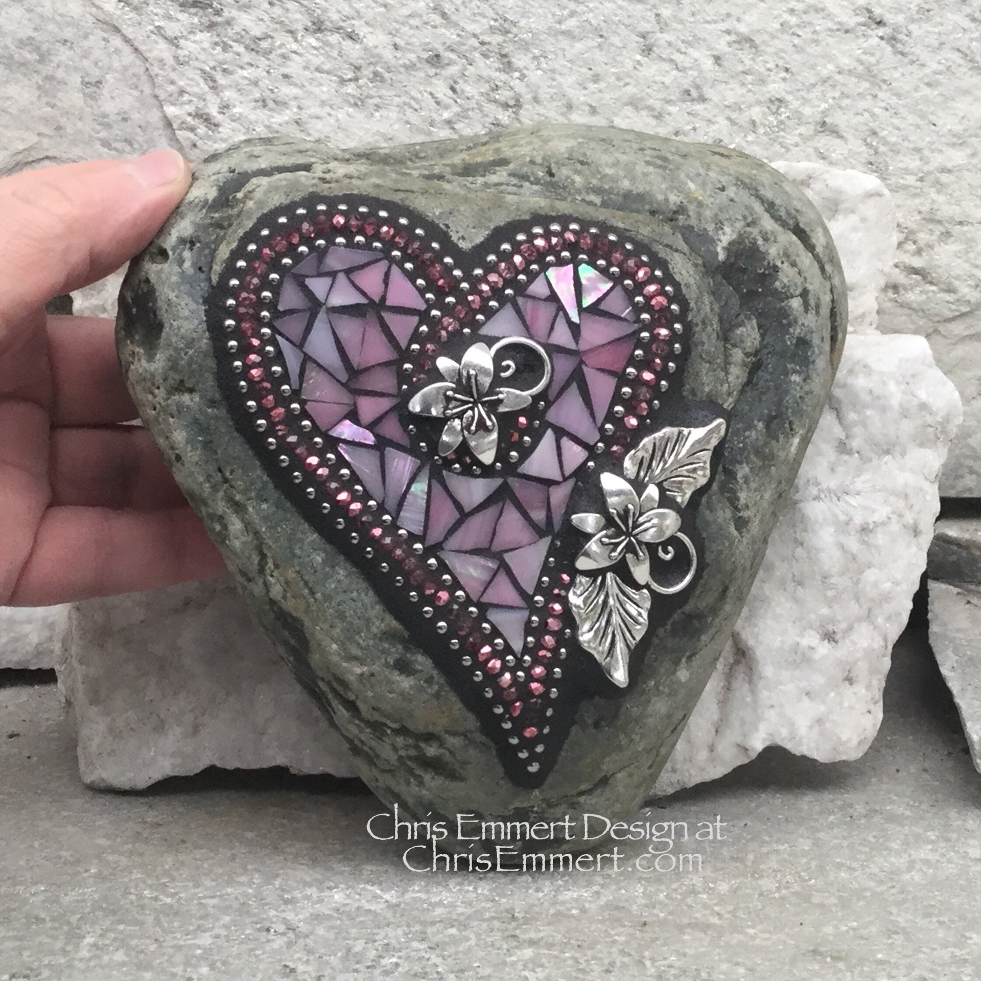 Iridescent Pink Mosaic Heart, Mosaic Rock, Mosaic Garden Stone,