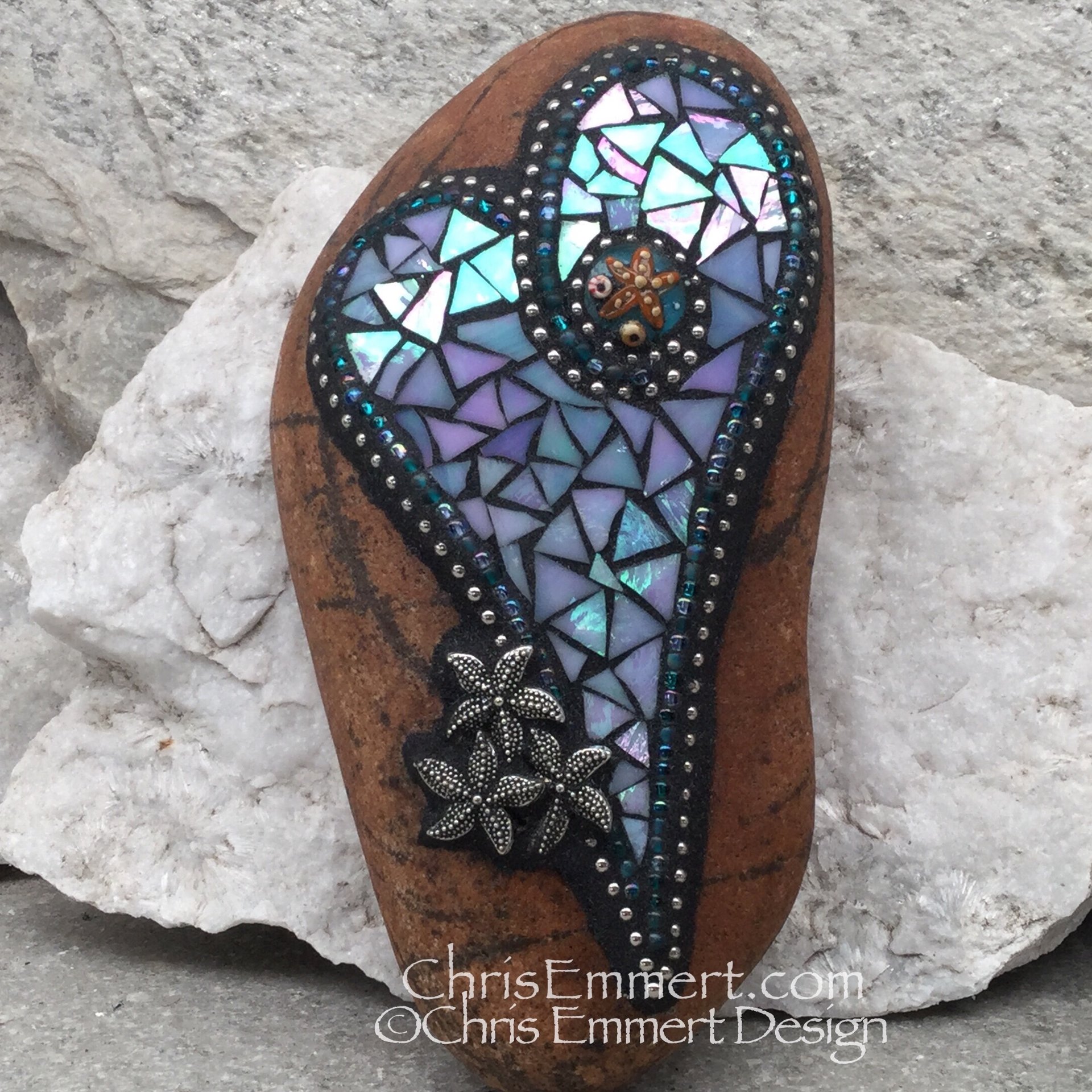 Iridescent Blue Heart, Starfish, Garden Stone, Mosaic, Garden Decor