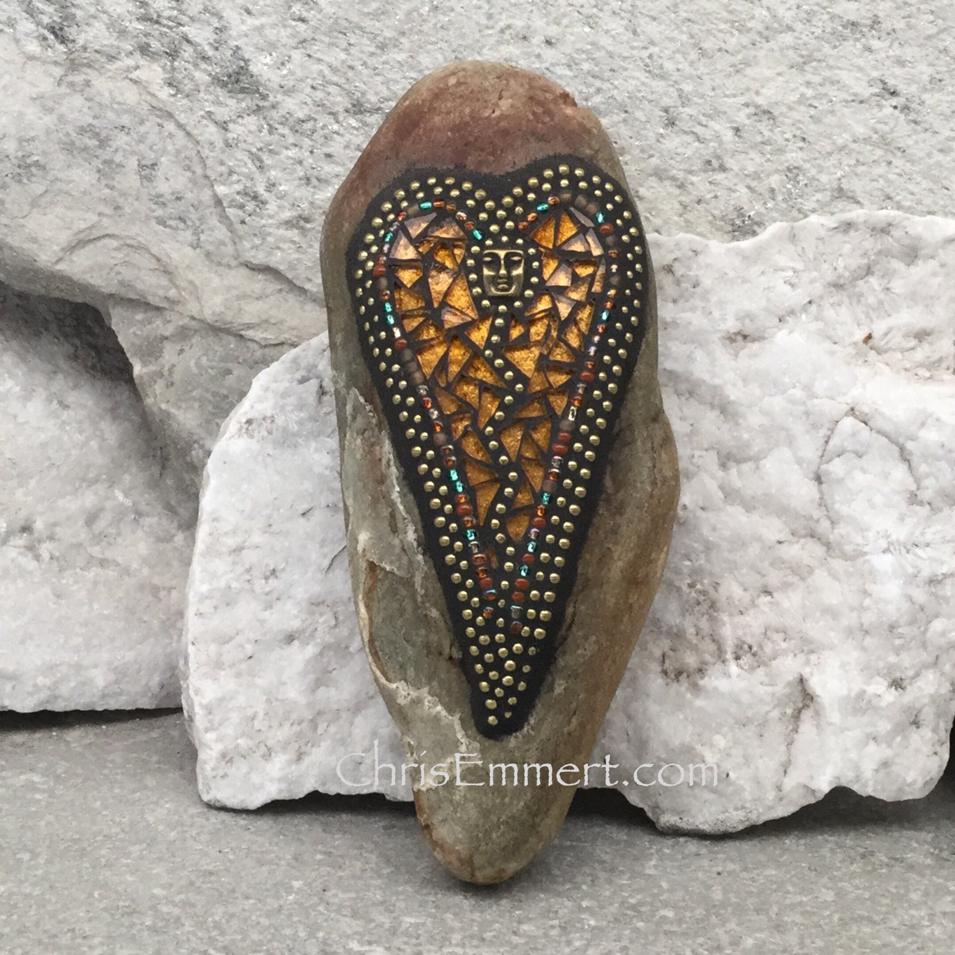 Amber Mosaic Heart, Mosaic Rock, Mosaic Garden Stone, Home Decor, Gardening Gift,