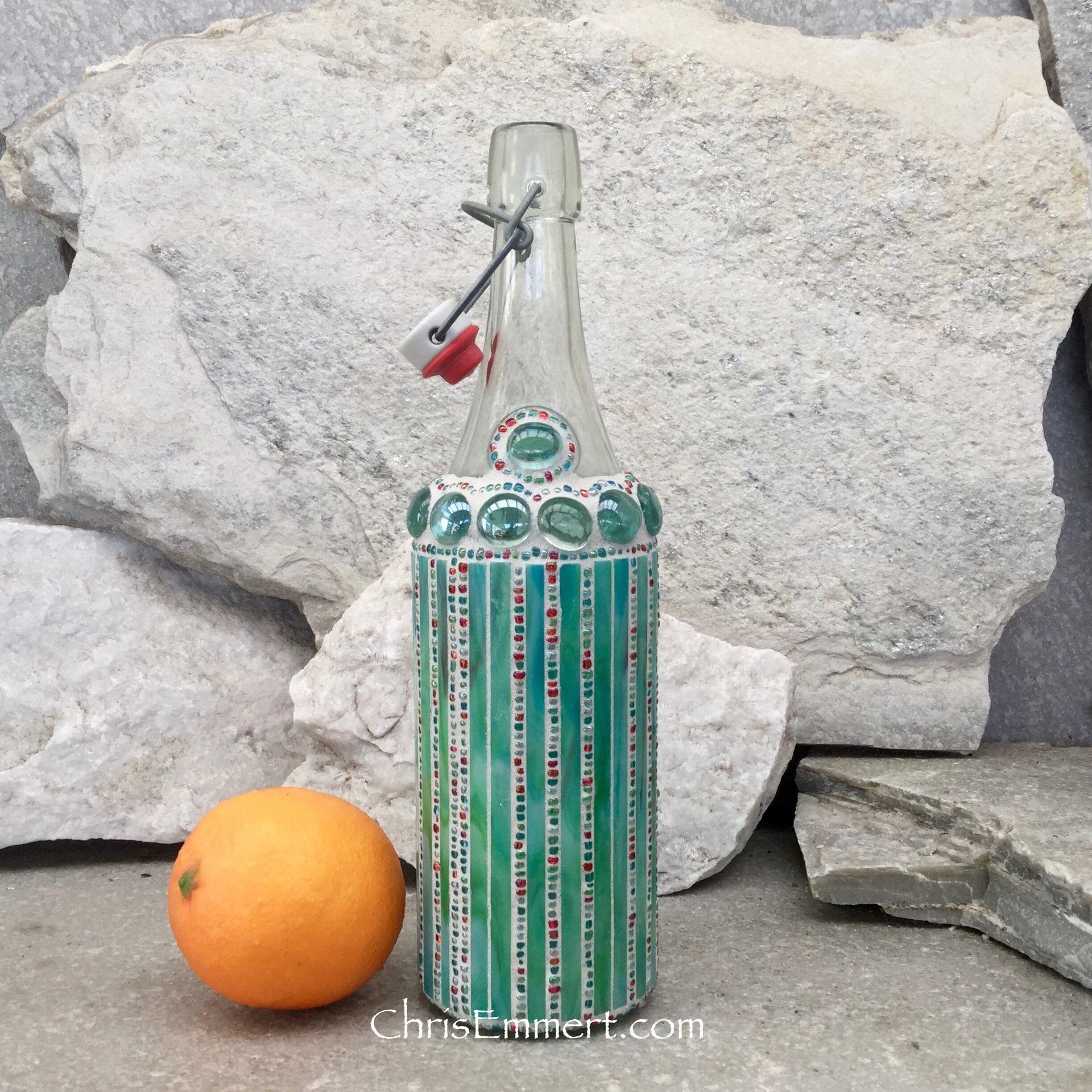 Mosaic Bottle. (2) Up-cycled Decanter, for Cooking Sherry, Olive Oil, Vinegar, Housewarming Gift,