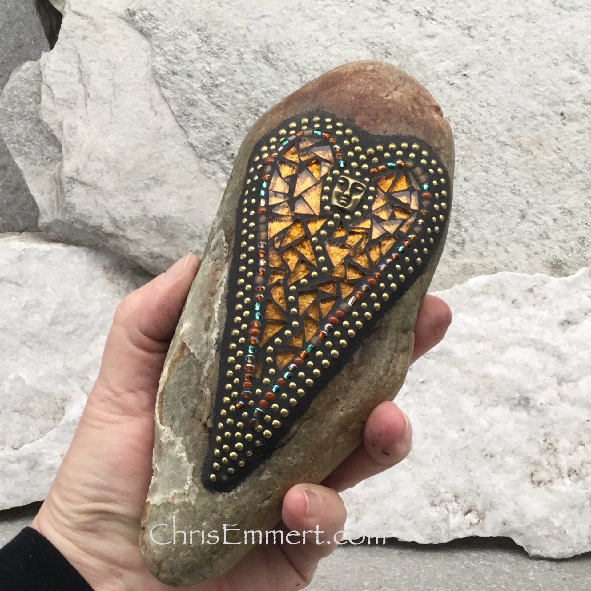 Amber Mosaic Heart, Mosaic Rock, Mosaic Garden Stone, Home Decor, Gardening Gift,