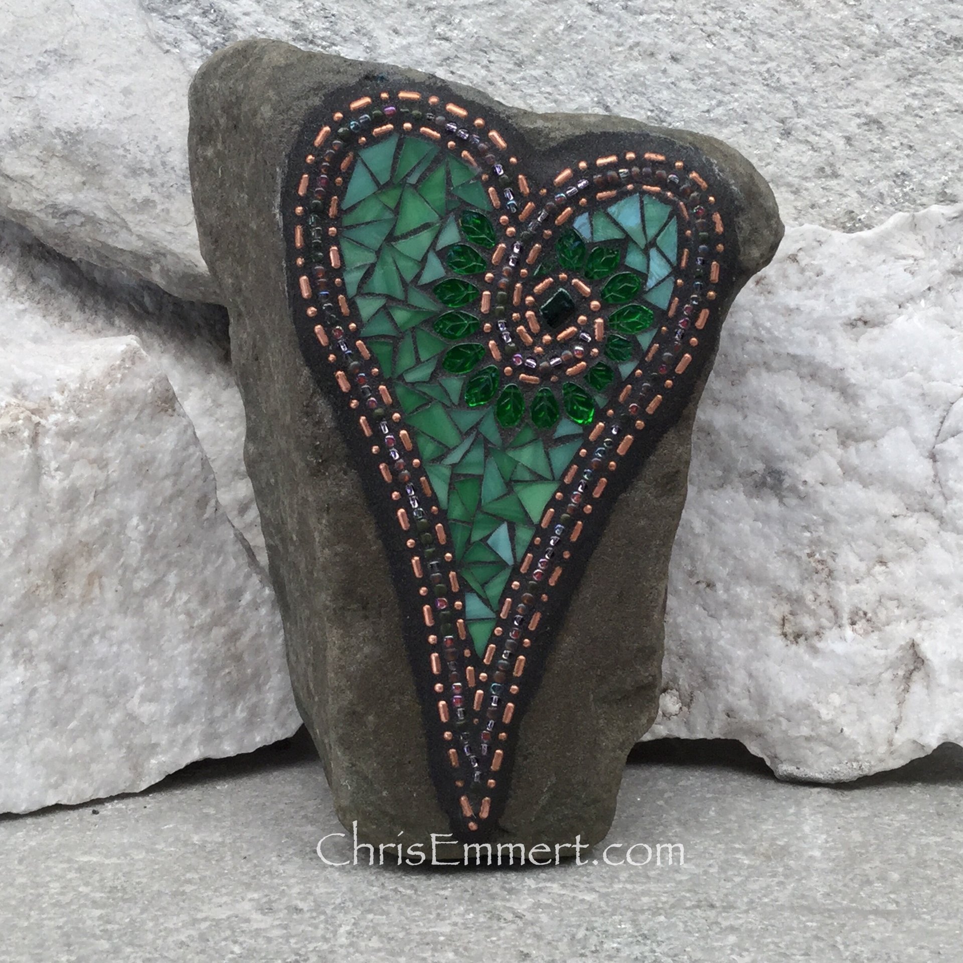 Green Leaf Heart, Garden Stone, Mosaic, Garden Decor