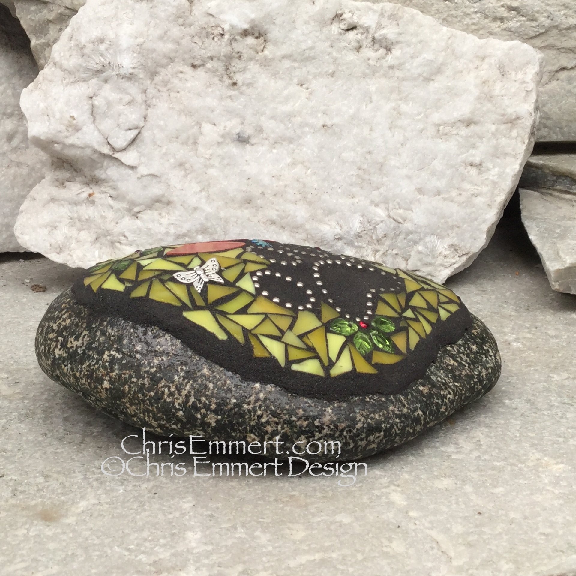 Iridescent Red Flower and Yellow, Black Paw Print - Garden Stone, Pet Memorial, Garden Decor'