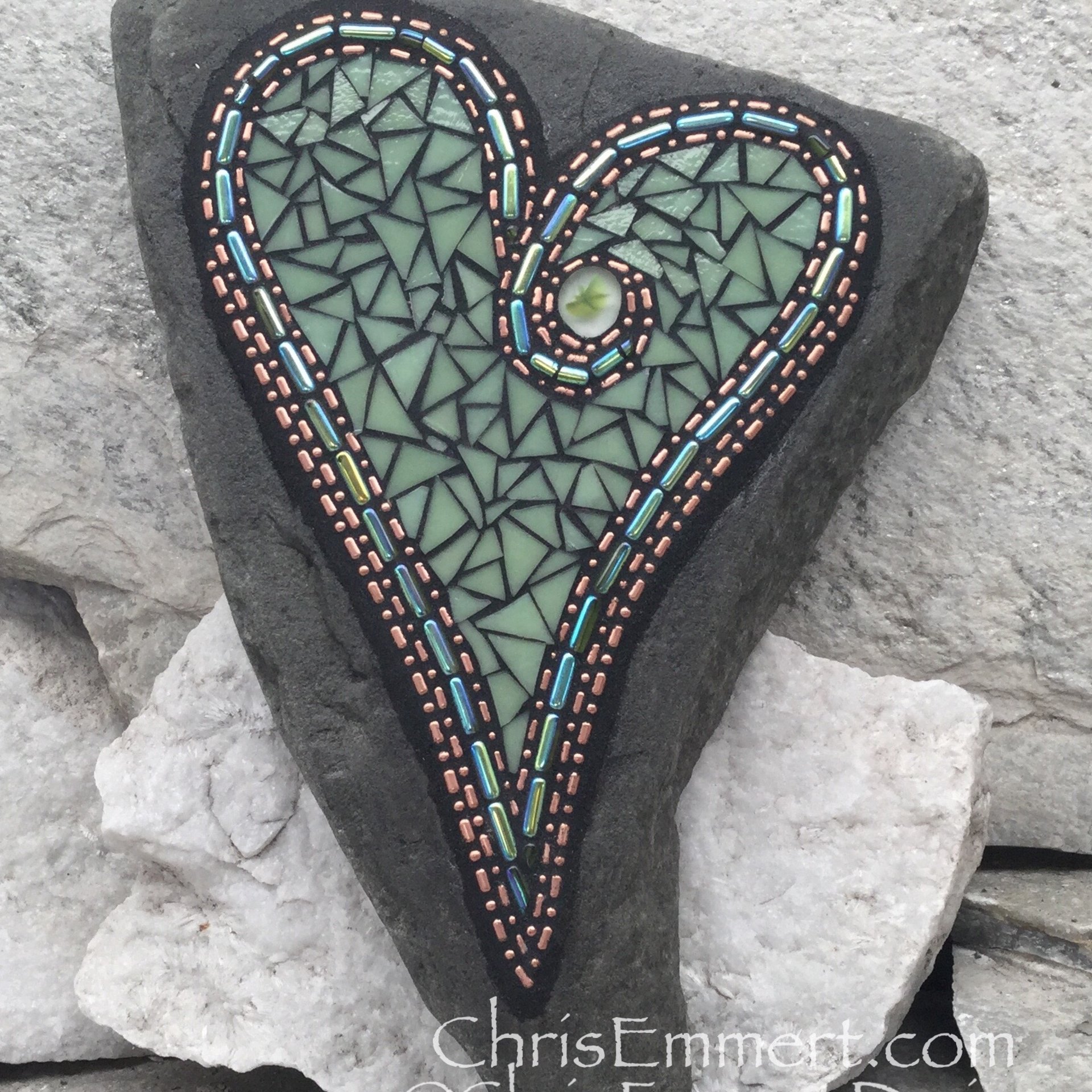 Olive Green Mosaic Heart,  Mosaic Garden Stone. Gardener Gift