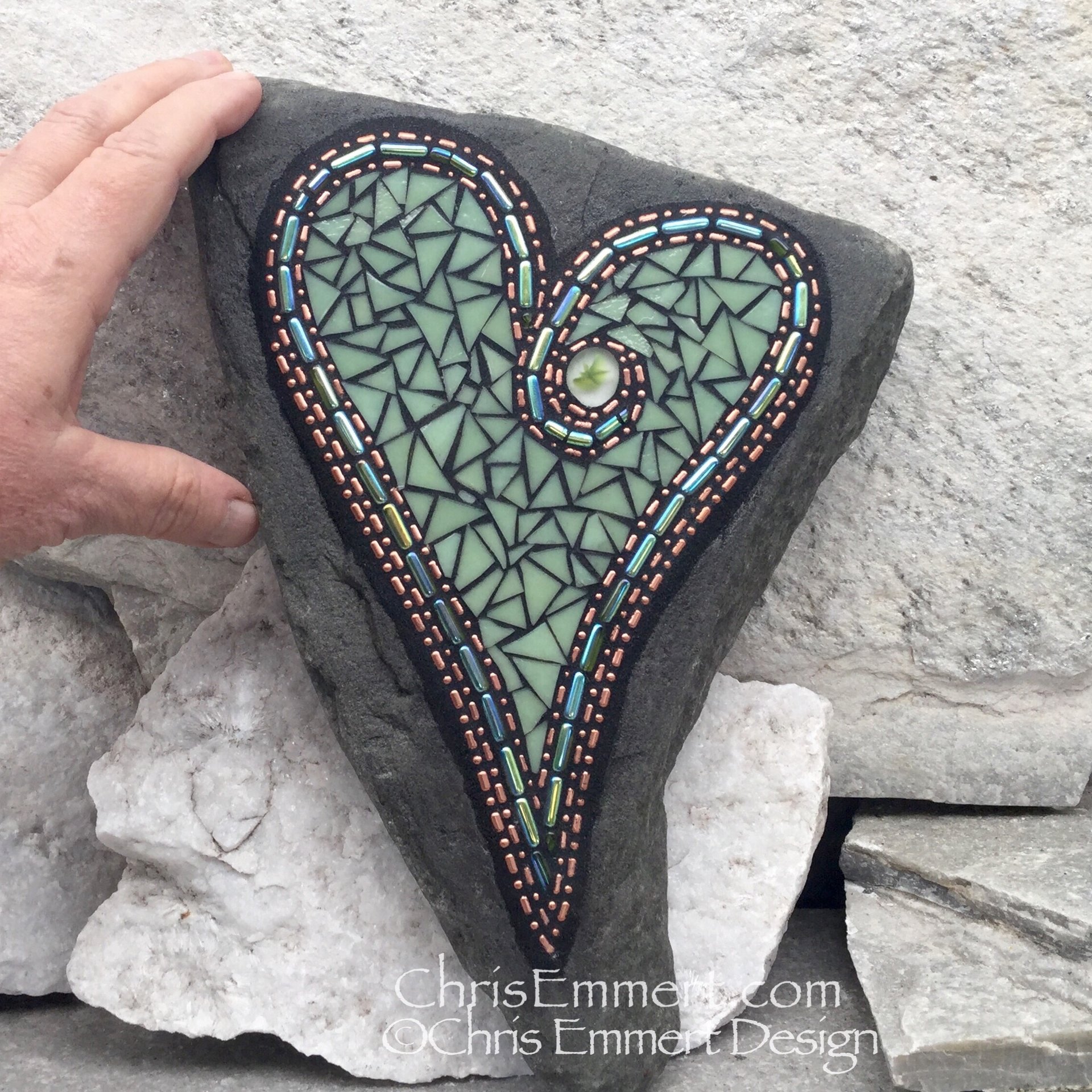 Olive Green Mosaic Heart,  Mosaic Garden Stone. Gardener Gift