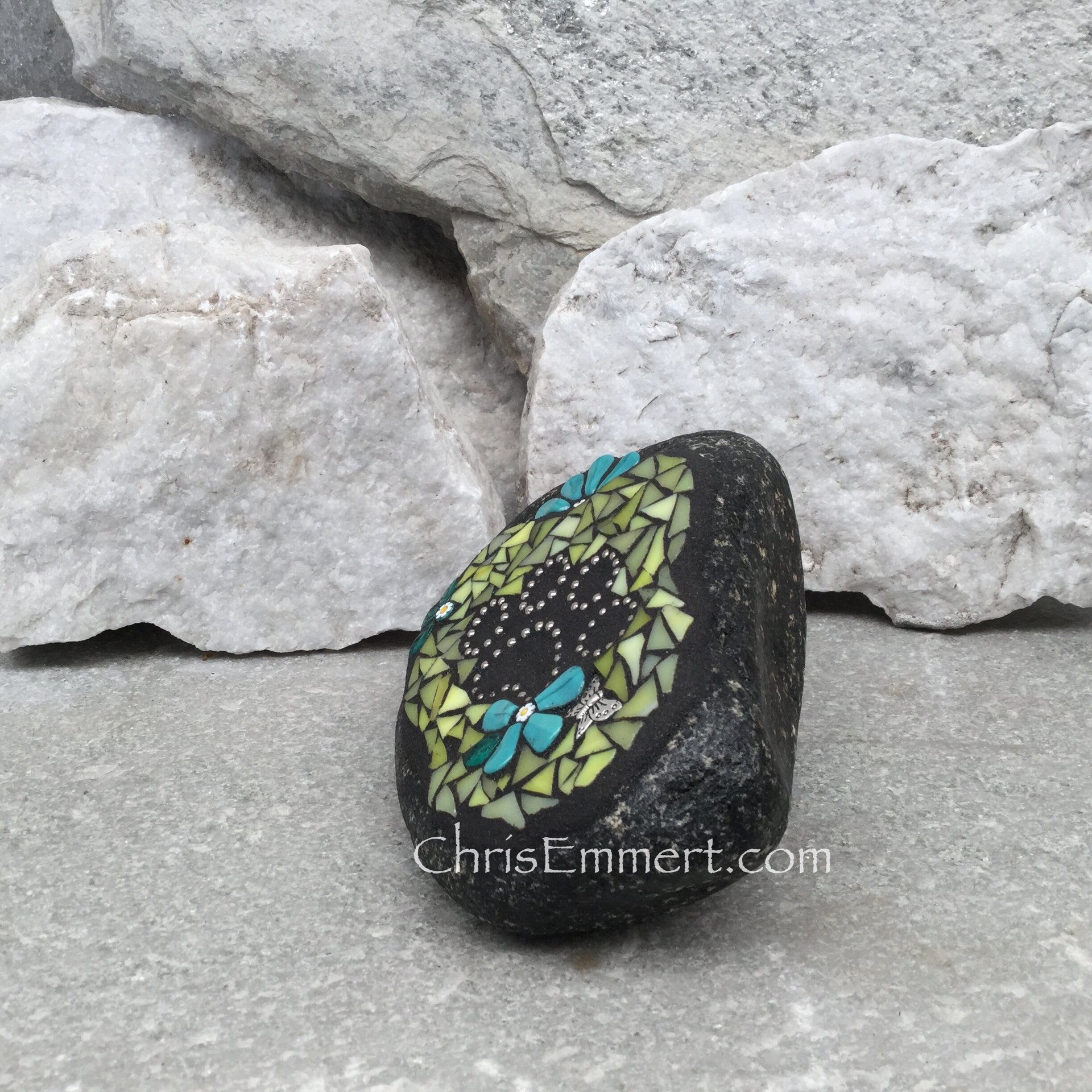 Teal Flowers w/Yellow, Black Paw Print - Garden Stone, Pet Memorial, Garden Decor'