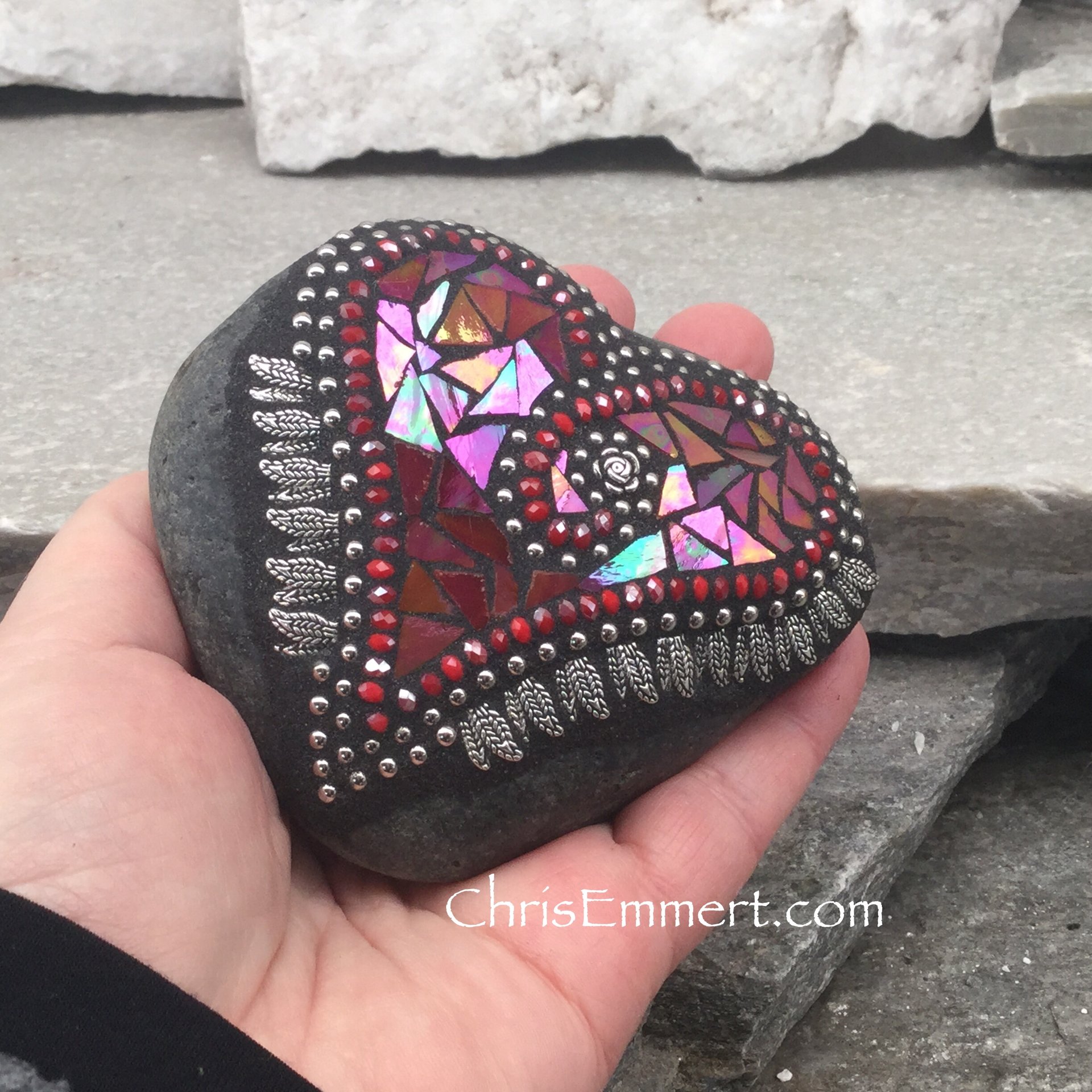 Red Valentine Heart, Dragonfly Wings, Mosaic Paperweight / Garden Stone