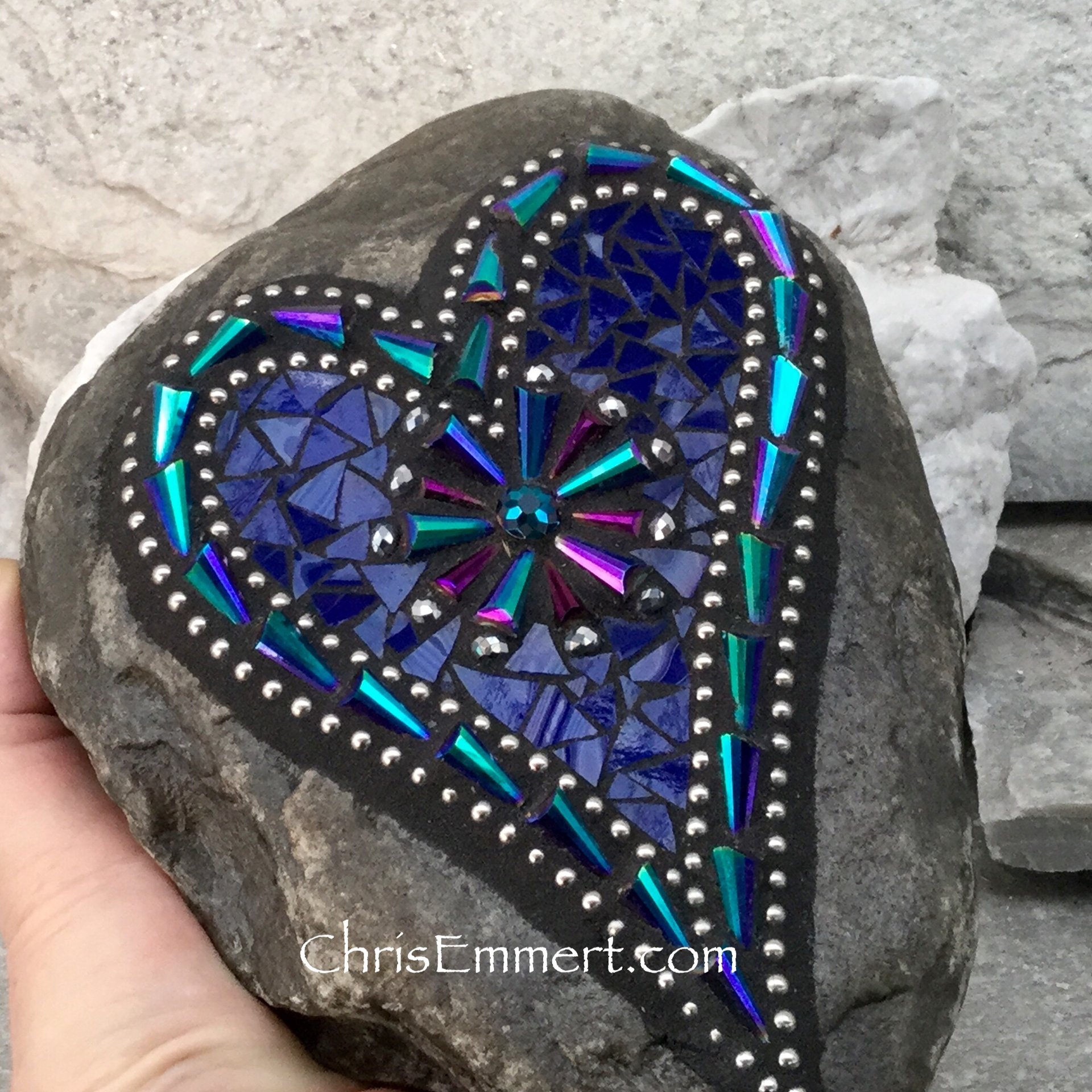 Crystal Cobalt Blue Mosaic Heart, Mosaic Rock, Mosaic Garden Stone,