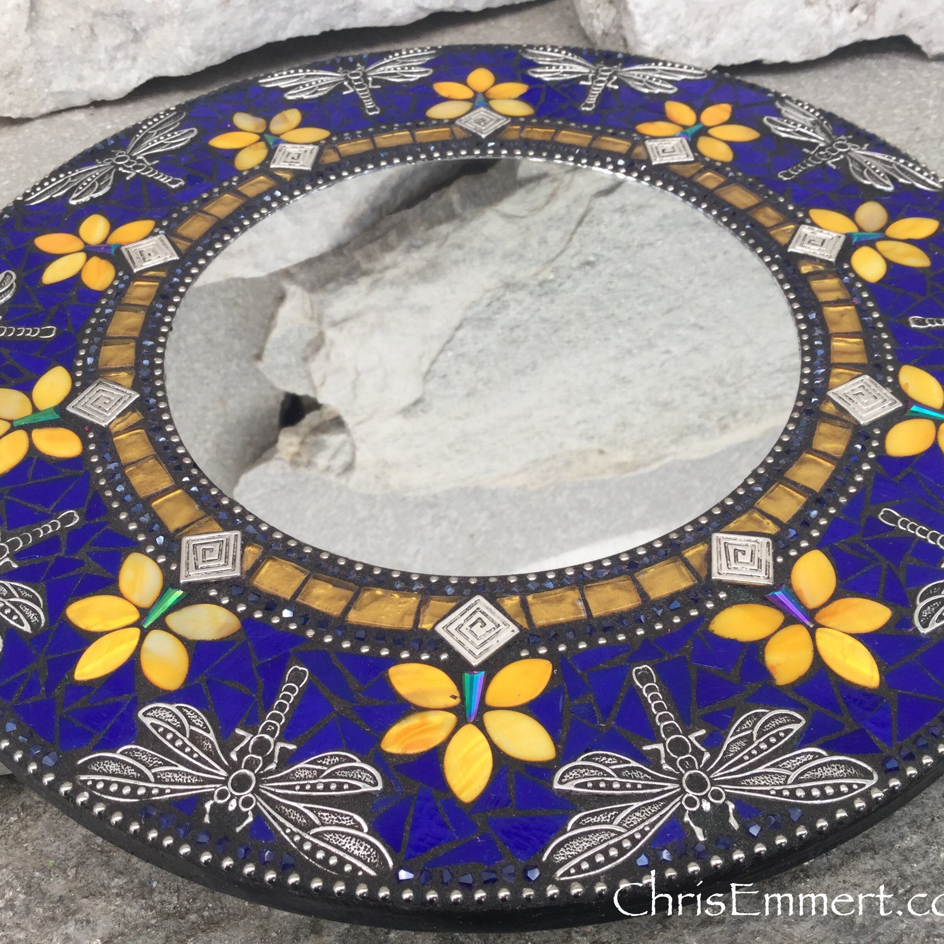 Cobalt and Yellow Dragonfly Mosaic Mirror, Round Mosaic Mirror, Home Decor