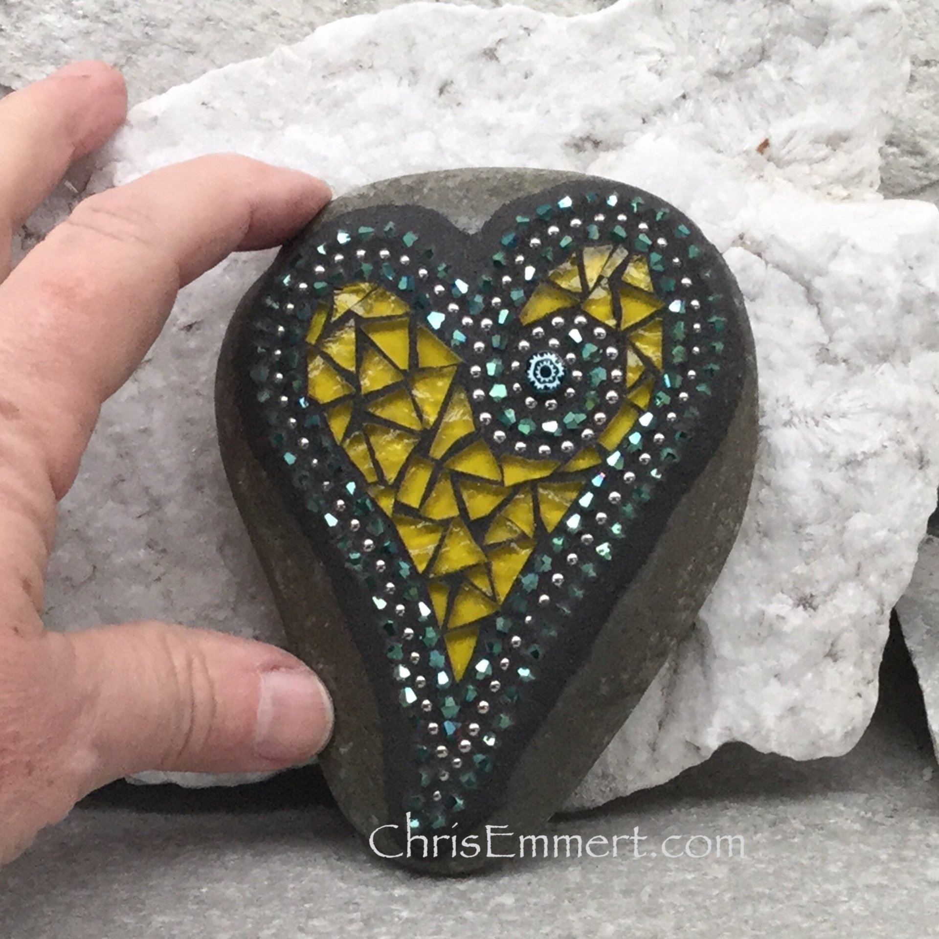 Bright Yellow Mosaic Heart, Mosaic Rock, Mosaic Garden Stone, Home Decor, Gardening, Gardening Gift,