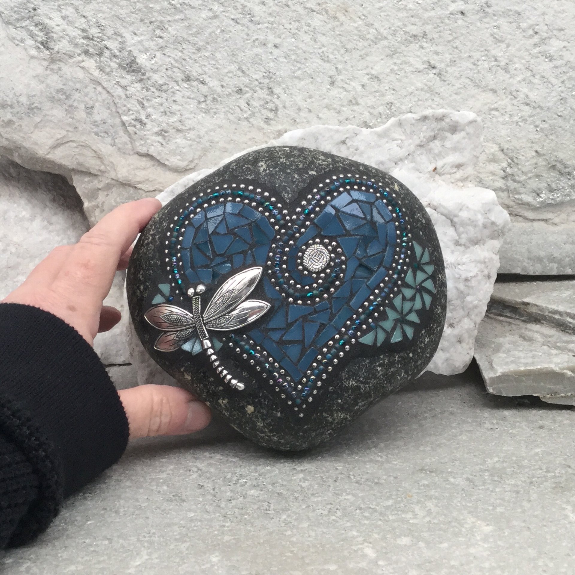 Denim Blue Heart with Teal Blue Flowers, Dragonfly, Garden Stone, Mosaic, Garden Decor