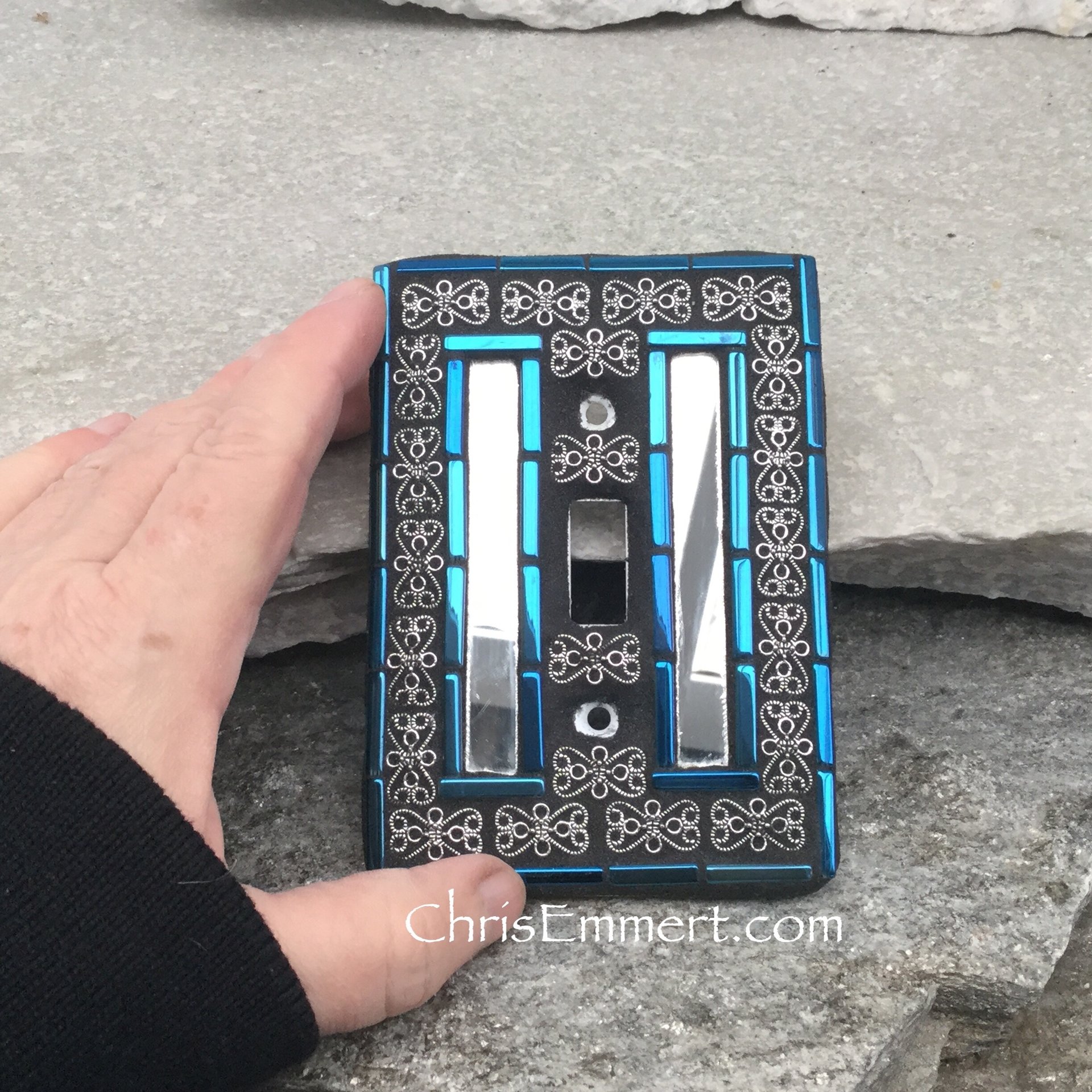 Mirror and Pewter Switch Plate, Iridescent Blue