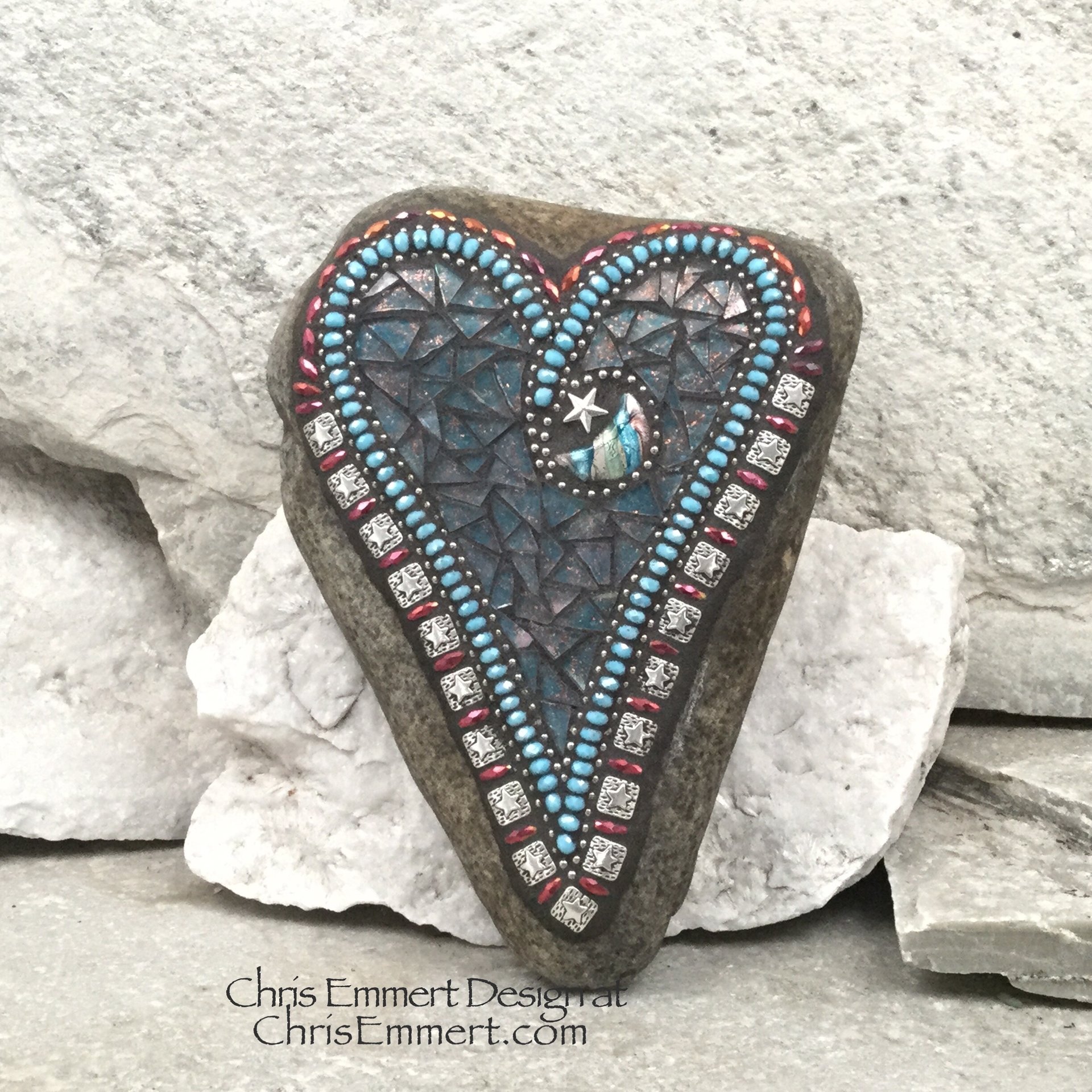 Moon and Star Blue Heart, Garden Stone, Mosaic, Garden Decor