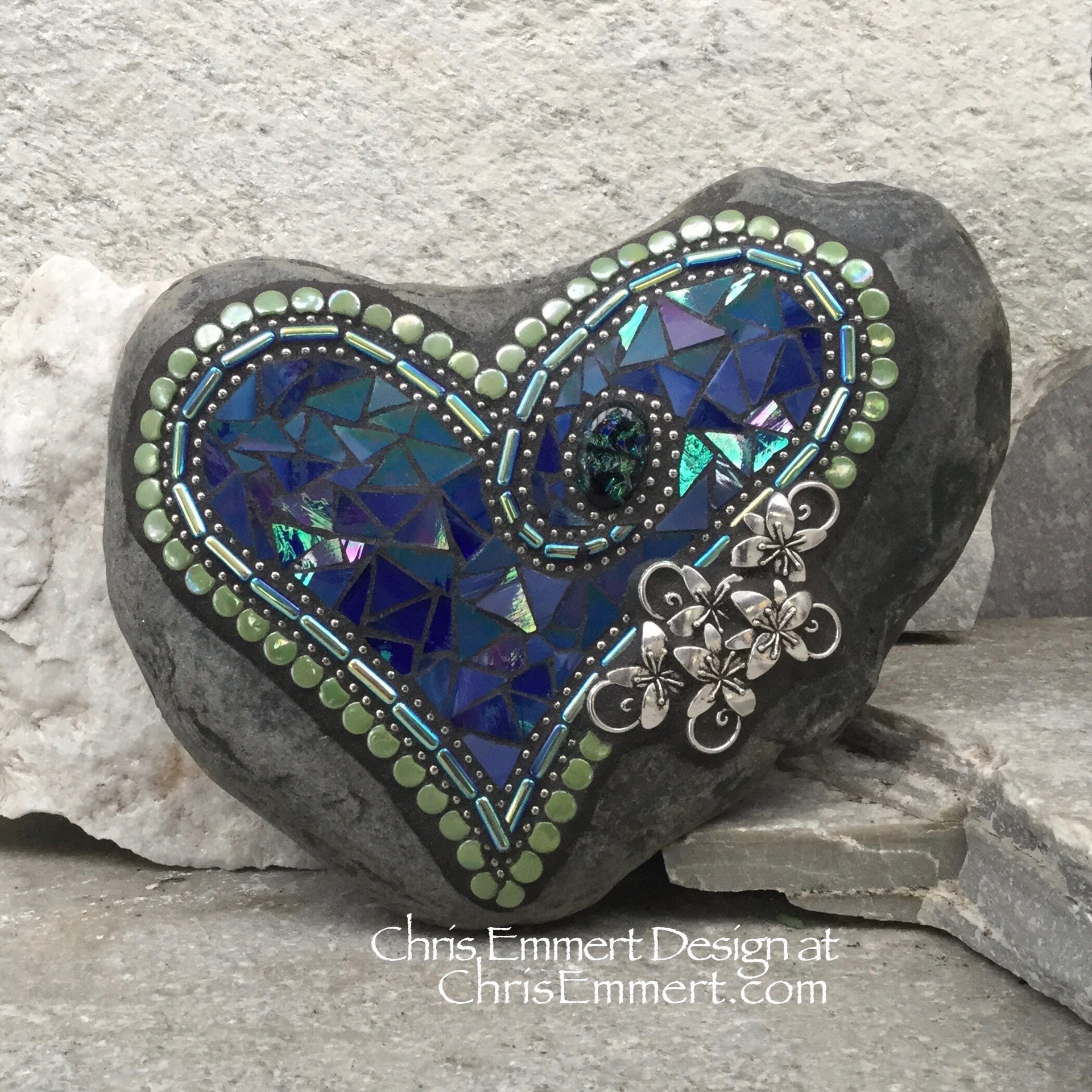 Iridescent Blue Heart, Garden Stone, Mosaic, Garden Decor