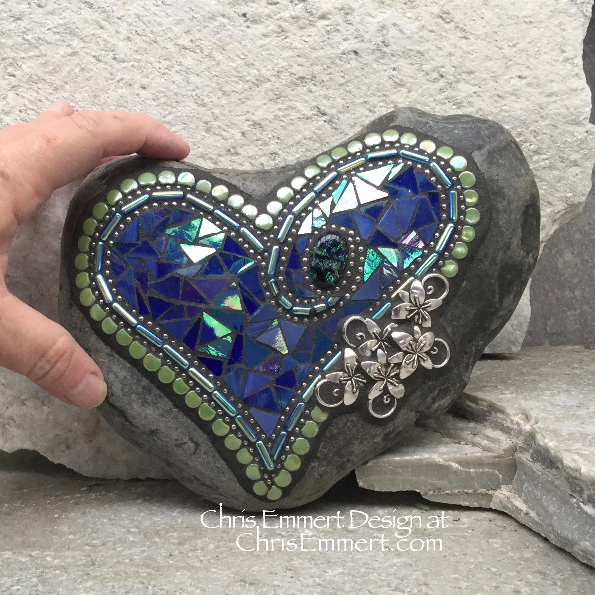 Iridescent Blue Heart, Garden Stone, Mosaic, Garden Decor