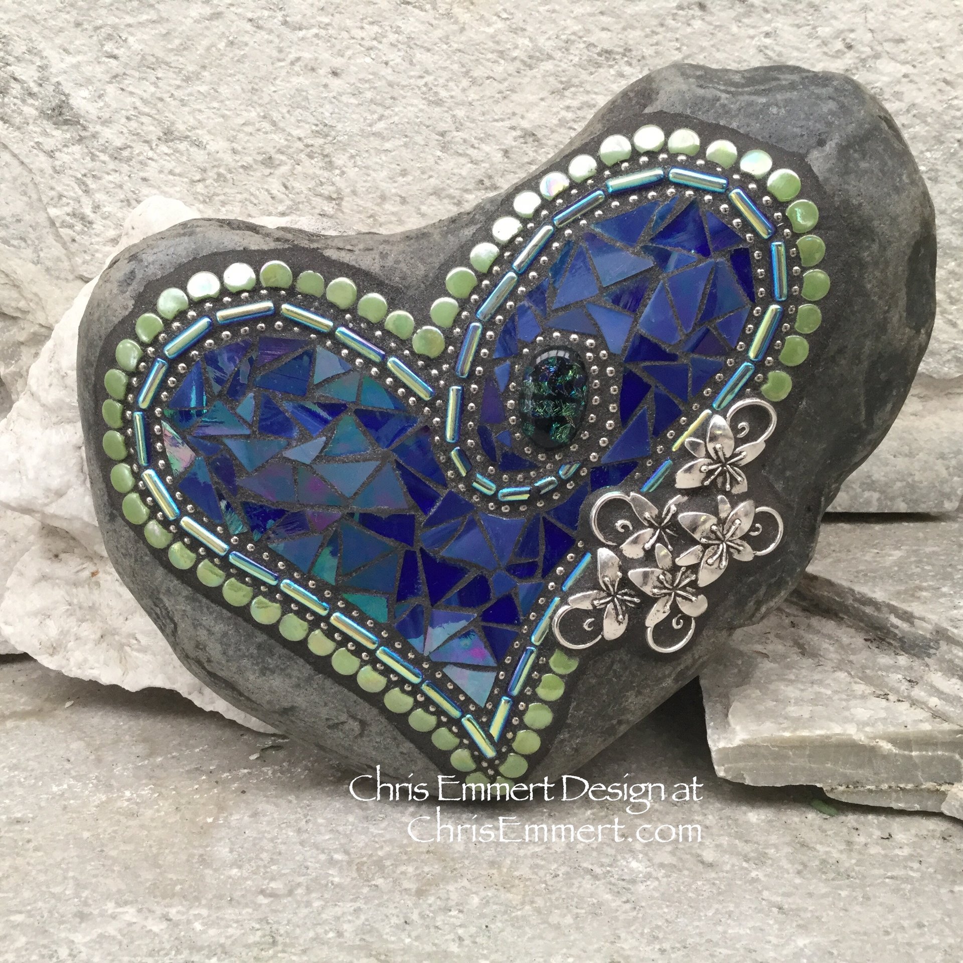 Iridescent Blue Heart, Garden Stone, Mosaic, Garden Decor