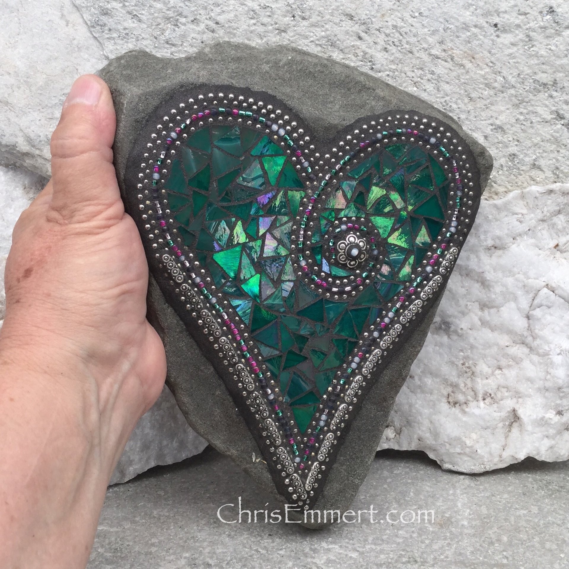 Mosaic Heart, Iridescent Green Heart, Mosaic Rock, Garden Stone, Home Decor, Gardener Gift, Garden Decor,