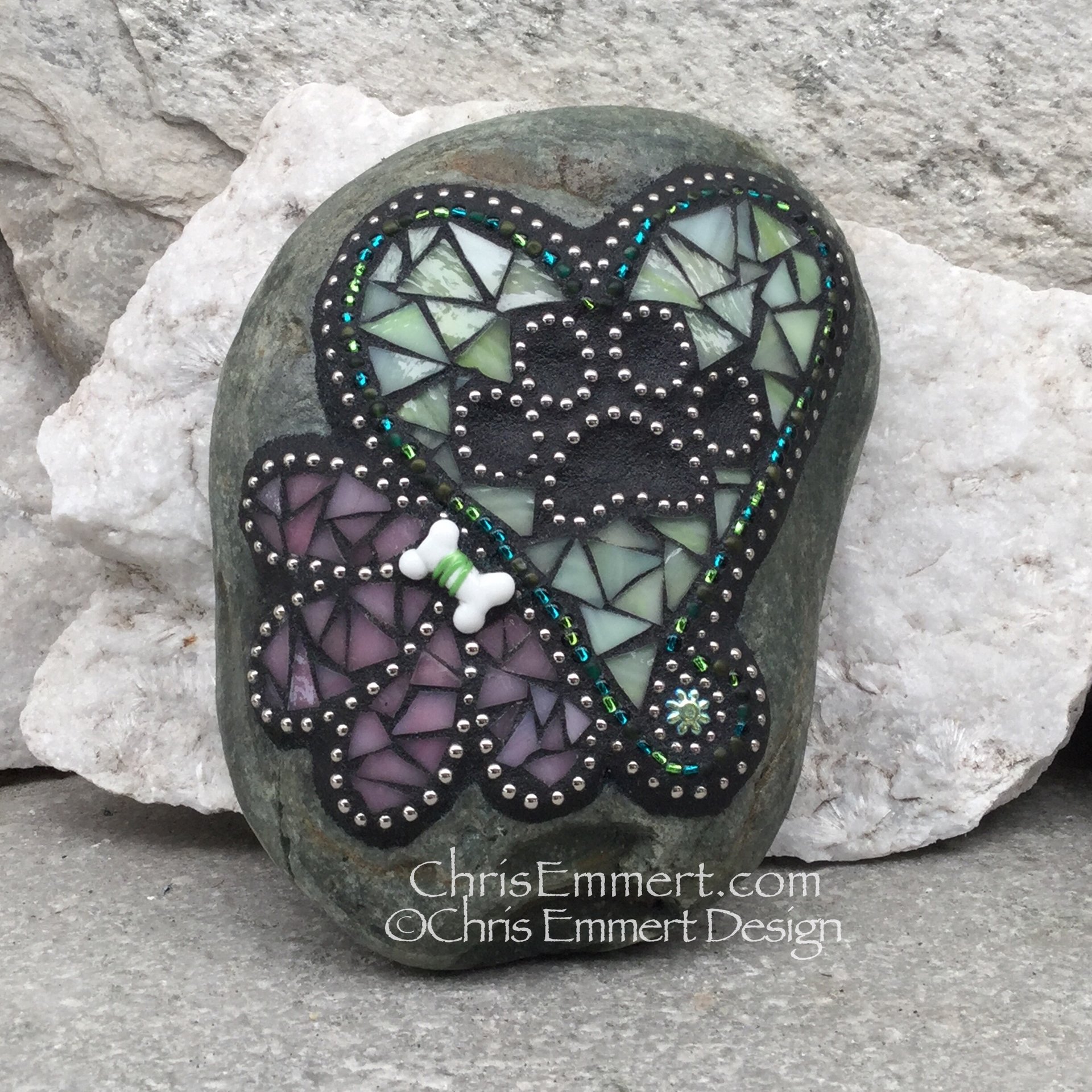Green Heart w/ Pink Flower, Black Paw Print - Garden Stone, Pet Memorial
