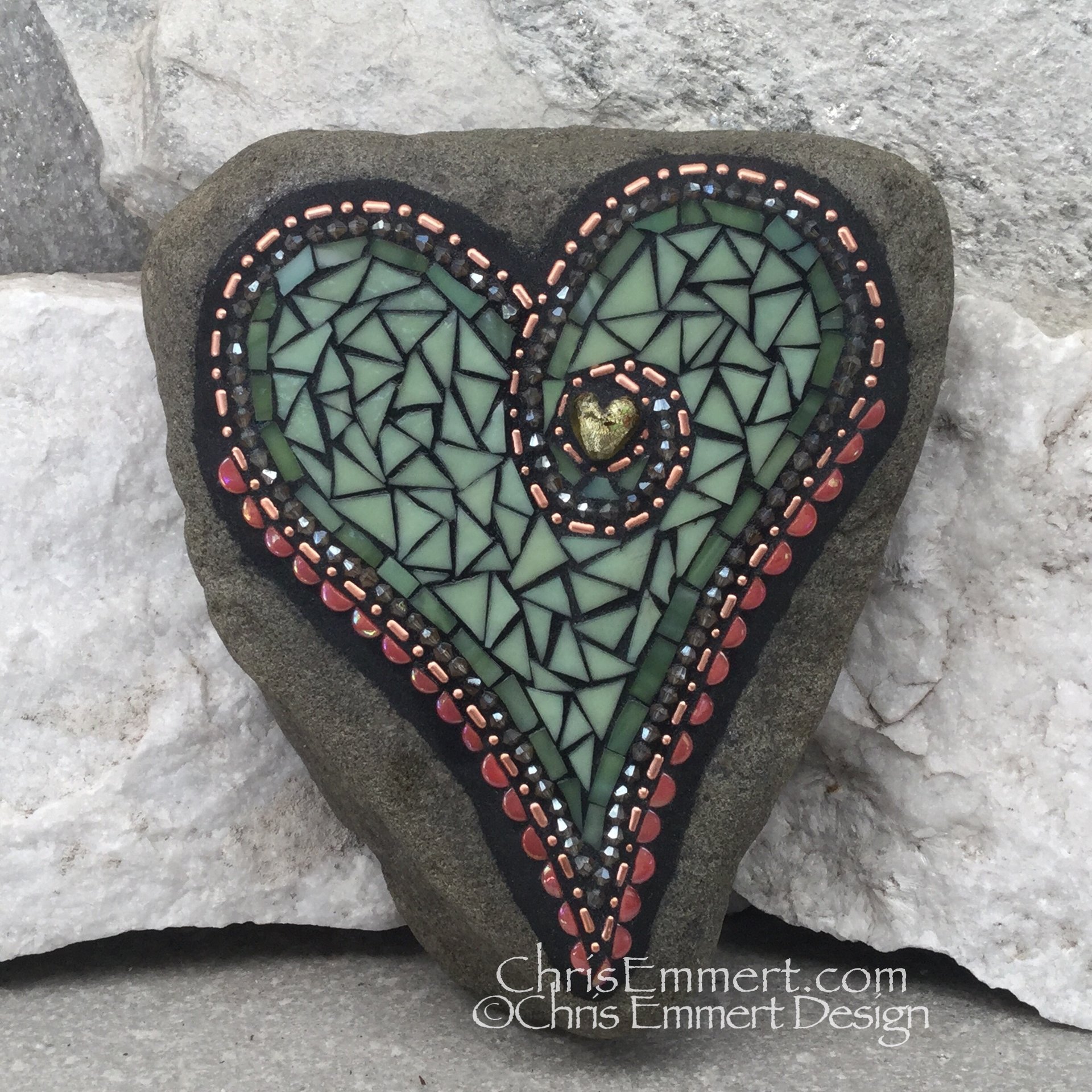 Olive Green Mosaic Heart with Pink and Copper, Mosaic Garden Stone. Gardener Gift
