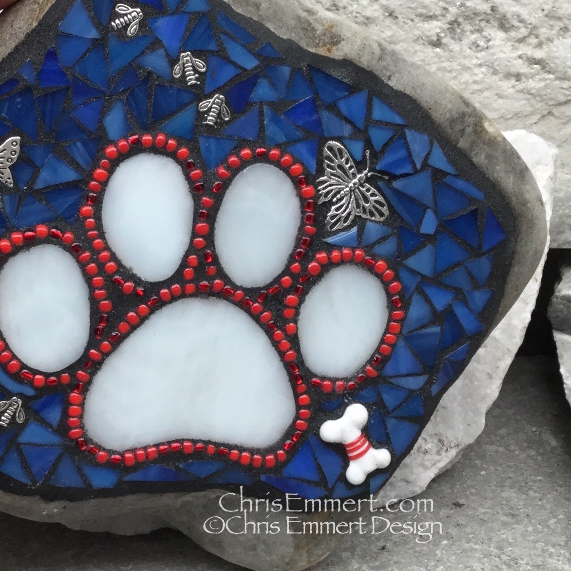 Patriotic Red, White and Blue, Black Paw Print - Garden Stone, Pet Memorial, Garden Decor'