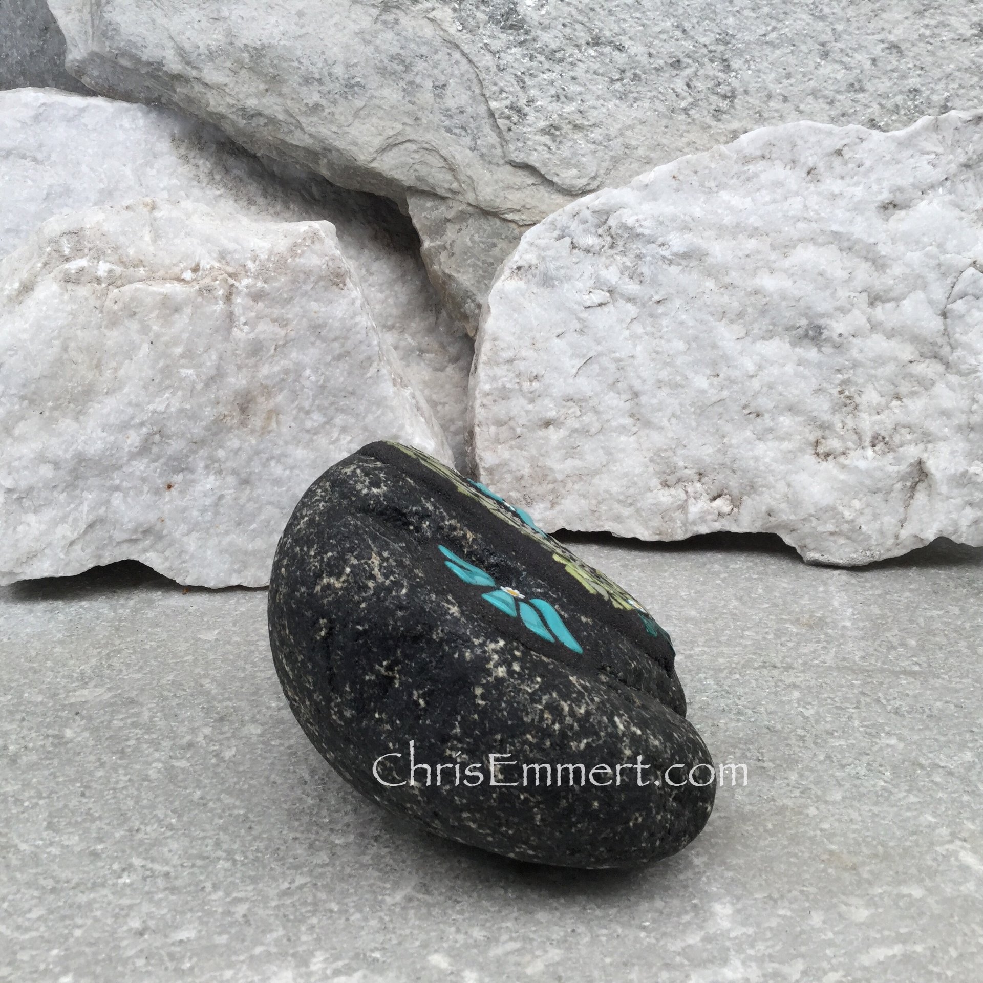 Teal Flowers w/Yellow, Black Paw Print - Garden Stone, Pet Memorial, Garden Decor'