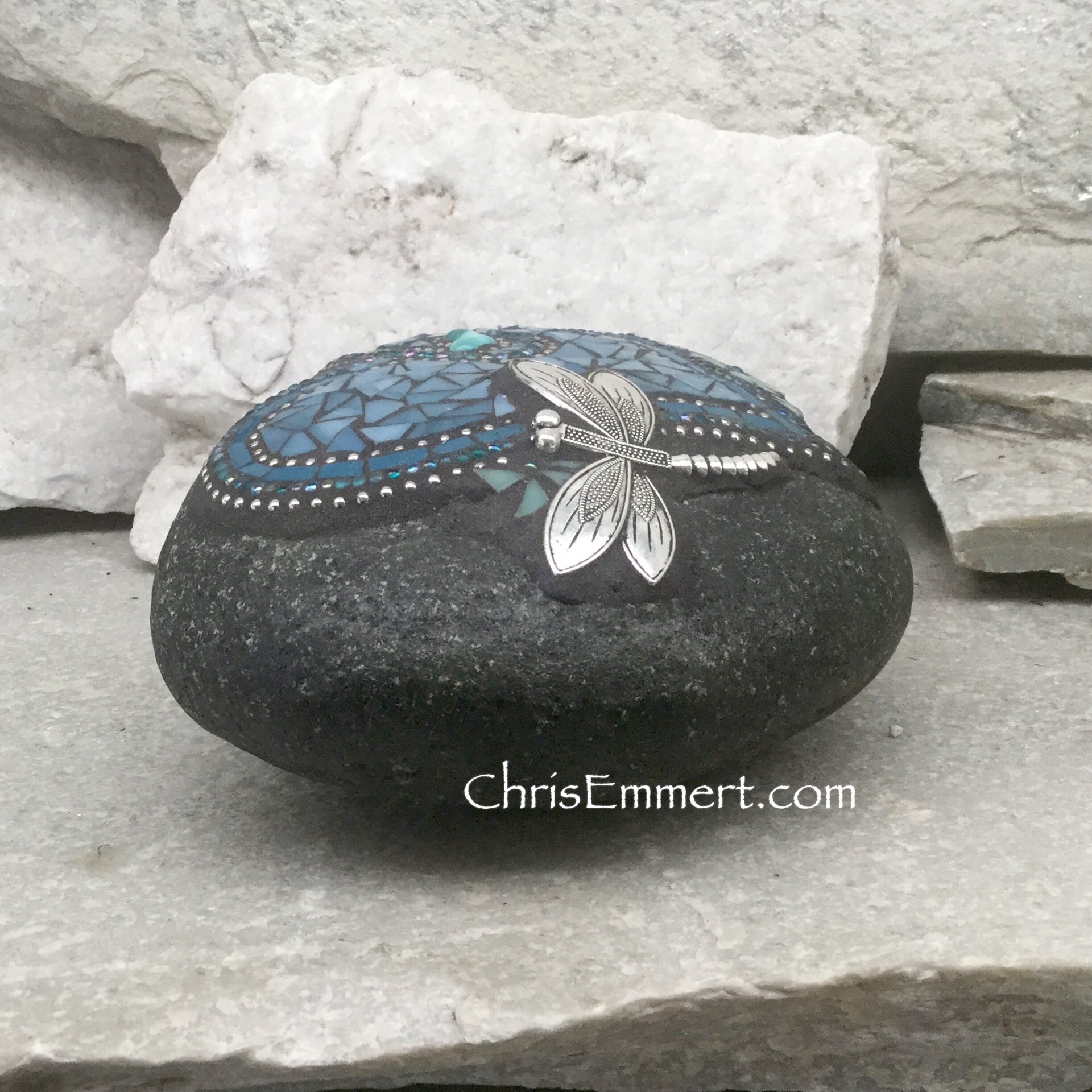 Denim Blue Heart with Teal Blue Flowers, Dragonfly, Garden Stone, Mosaic, Garden Decor