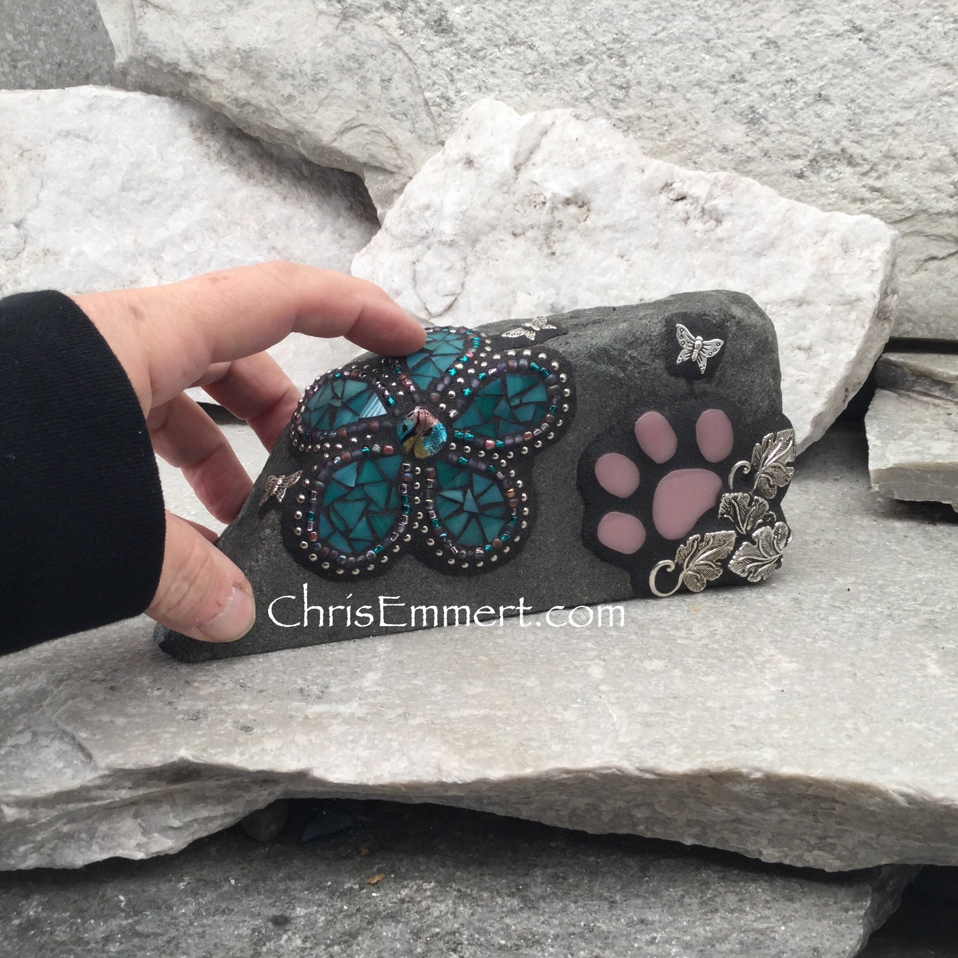 Custom Teal Flower, Paw, Pet Memorial, Garden Stone,  Gardener Gift