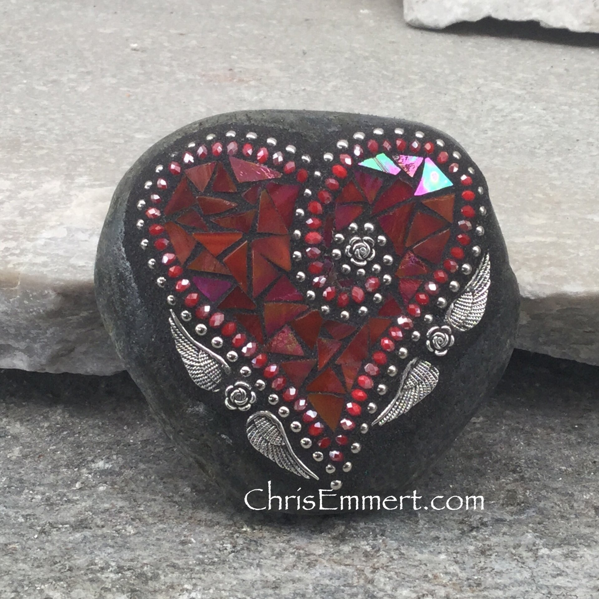 Red Valentine Heart, Angel Wings, Mosaic Paperweight / Garden Stone