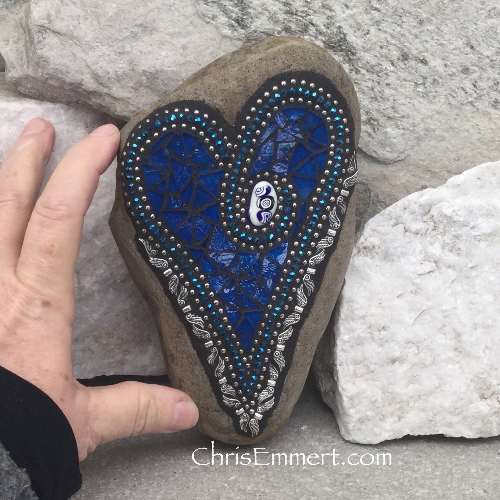 Royal Blue Angel Wing Heart, Garden Stone, Mosaic, Garden Decor