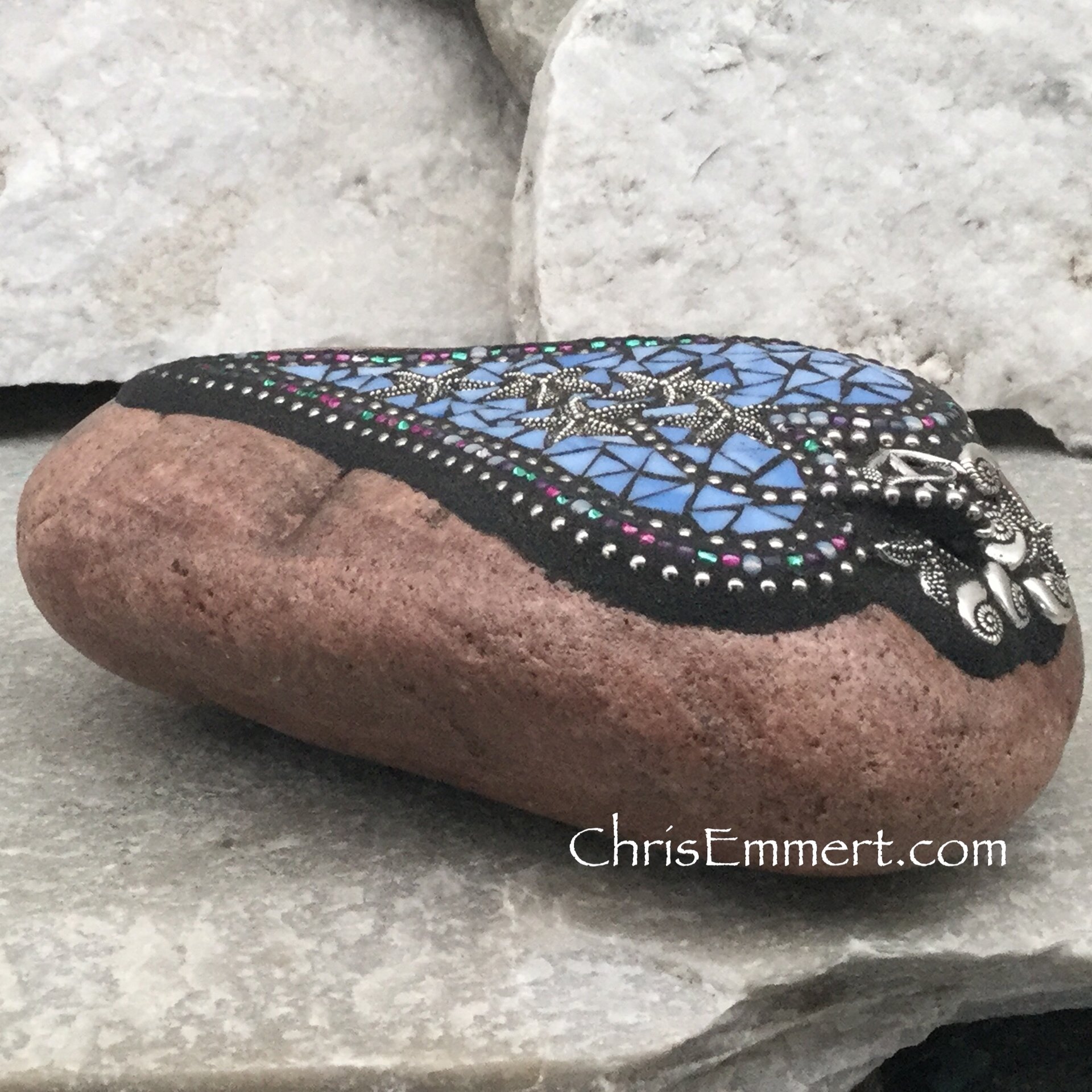 Blue Heart, Shells and Starfish, Garden Stone, Mosaic, Garden Decor
