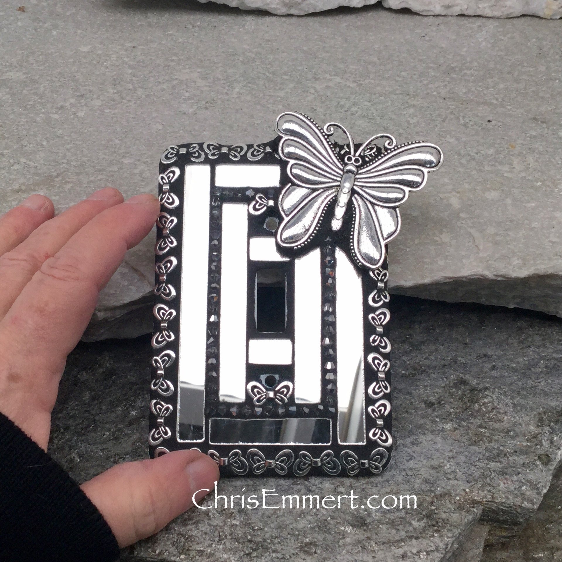 Mirror and Pewter Switch Plate, Large Butterfly